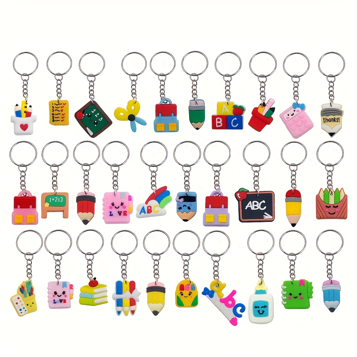 TEMU 30pcs Cartoon Stationery Keychain Party Favors, Cute Multi-style Pencil Case Charms For Rewards And Birthday Parties Gifts - Backpack Wallet Car