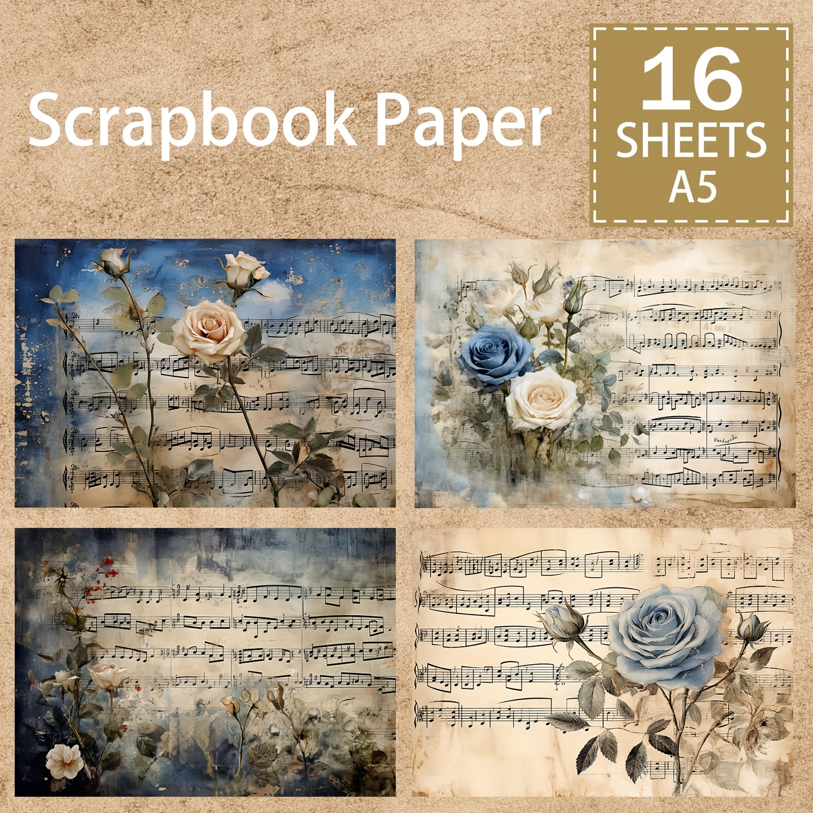

16 Sheets Of Vintage Music Sheets With Blue And White Flower Rose Background Material For Diy Vintage Diary, Junk Diary, Greeting Card Planner, Scrapbook Background Mat