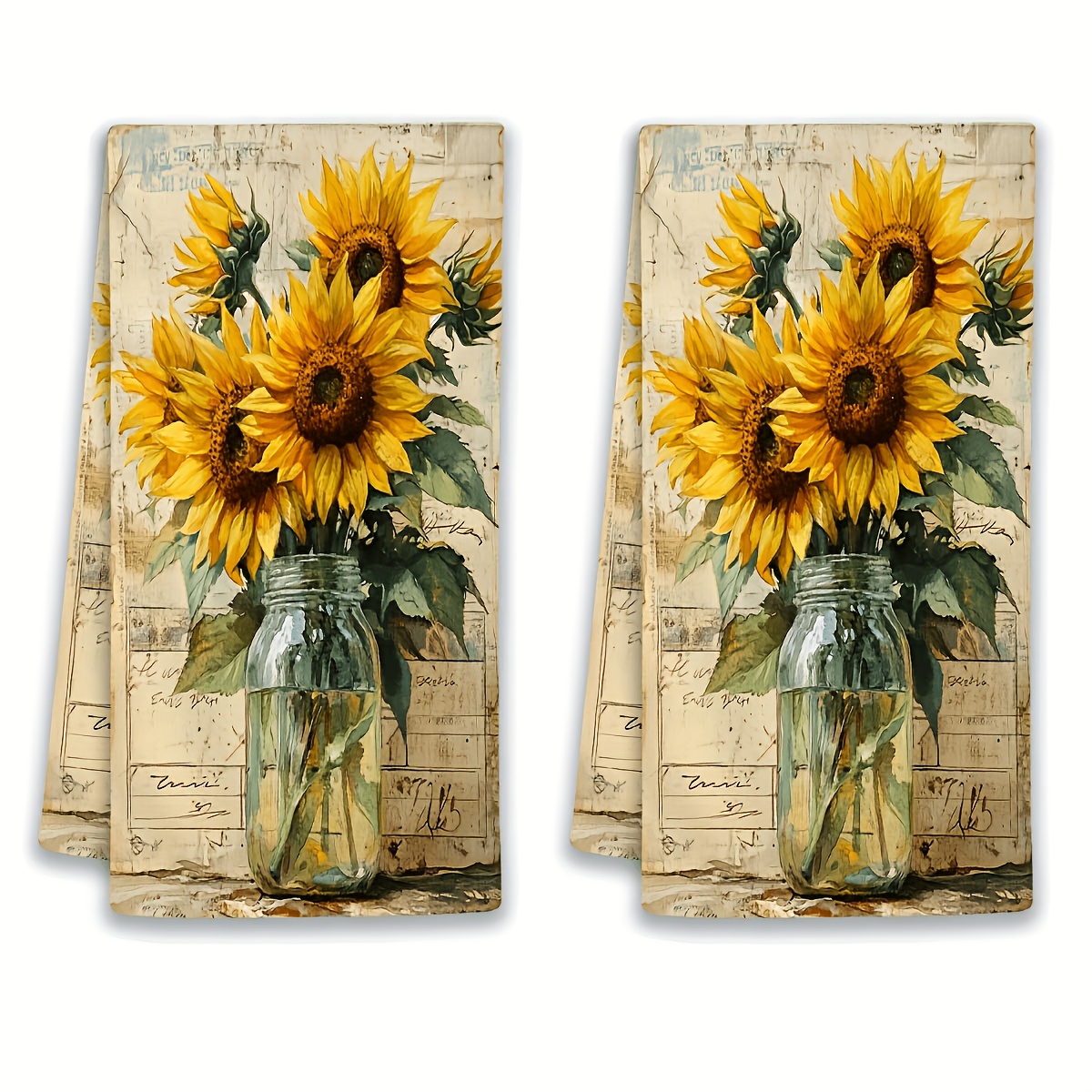 TEMU 2pcs, Sunflower Vintage Pattern Kitchen Towels, Ideal For Cooking, Baking, And Cleaning, 40*60cm, Reusable Cleaning Cloths, Sweet Housewarming