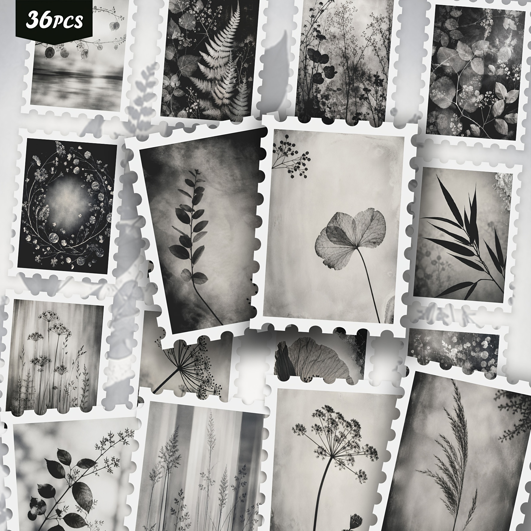 TEMU 36pcs Vintage Monochrome Botanical Sticker Set, Soft Sticker Collection For Scrapbooking, Journaling, Journals, Card Making, Laptop Decoration,