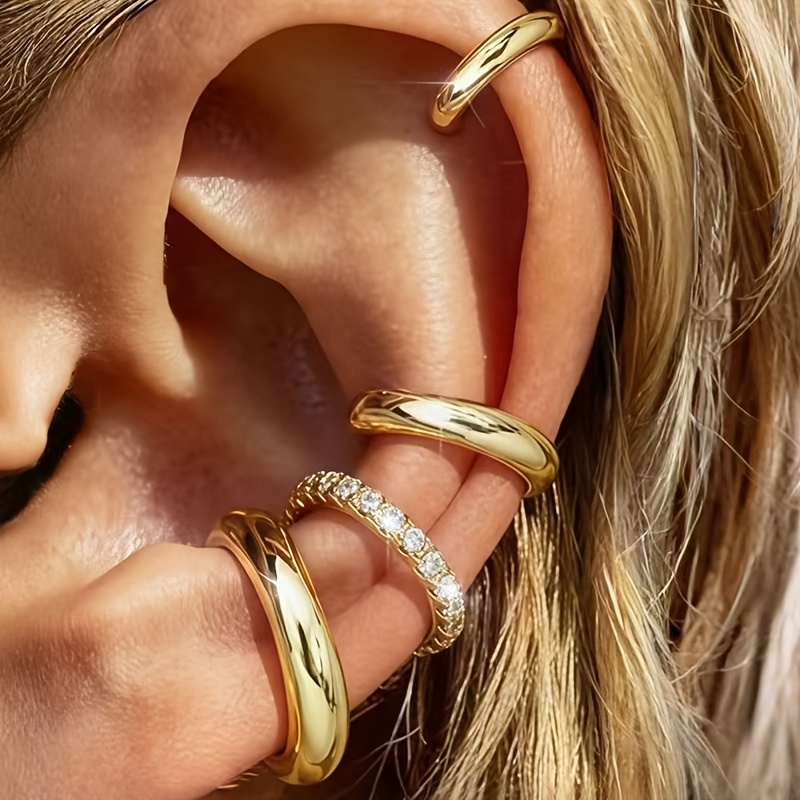 TEMU 4pcs Set Of Fashionable Glossy Chunky Hoop Ear Cuffs With Synthetic Synthetic Zirconia Inlay, No-piercing Clip-on Ear Cuffs, Non-piercing