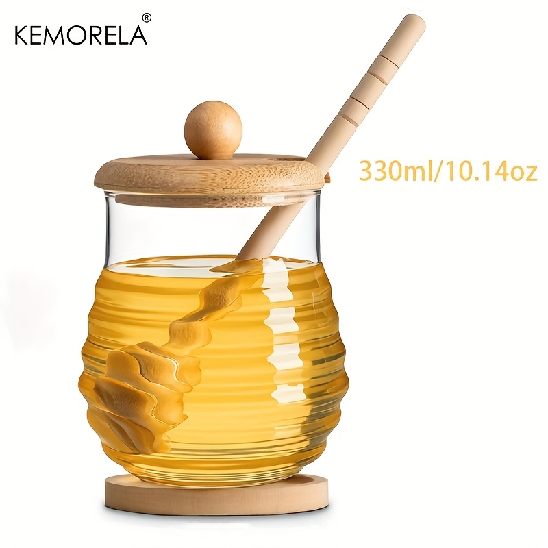 Image of Kemorela Glass Honey Jar With Wooden Lid, Honey Jar With Spoon And Wooden Coaster - High Borosilicate Honey Jar, Wide Mouth Syrup Storage Dispenser, Glass Honey And Syrup Container For Home Kitchen