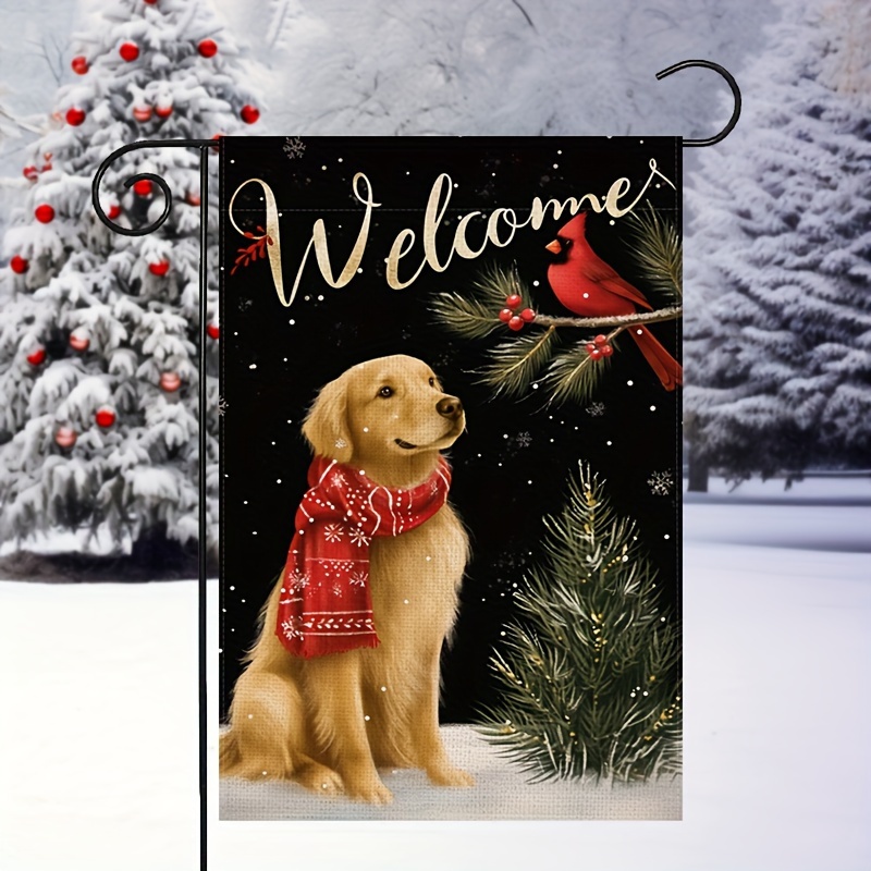 

Festive Linen Garden Flag: Golden Retriever And Welcome 12x18inch Outdoor Decor For Winter Holidays