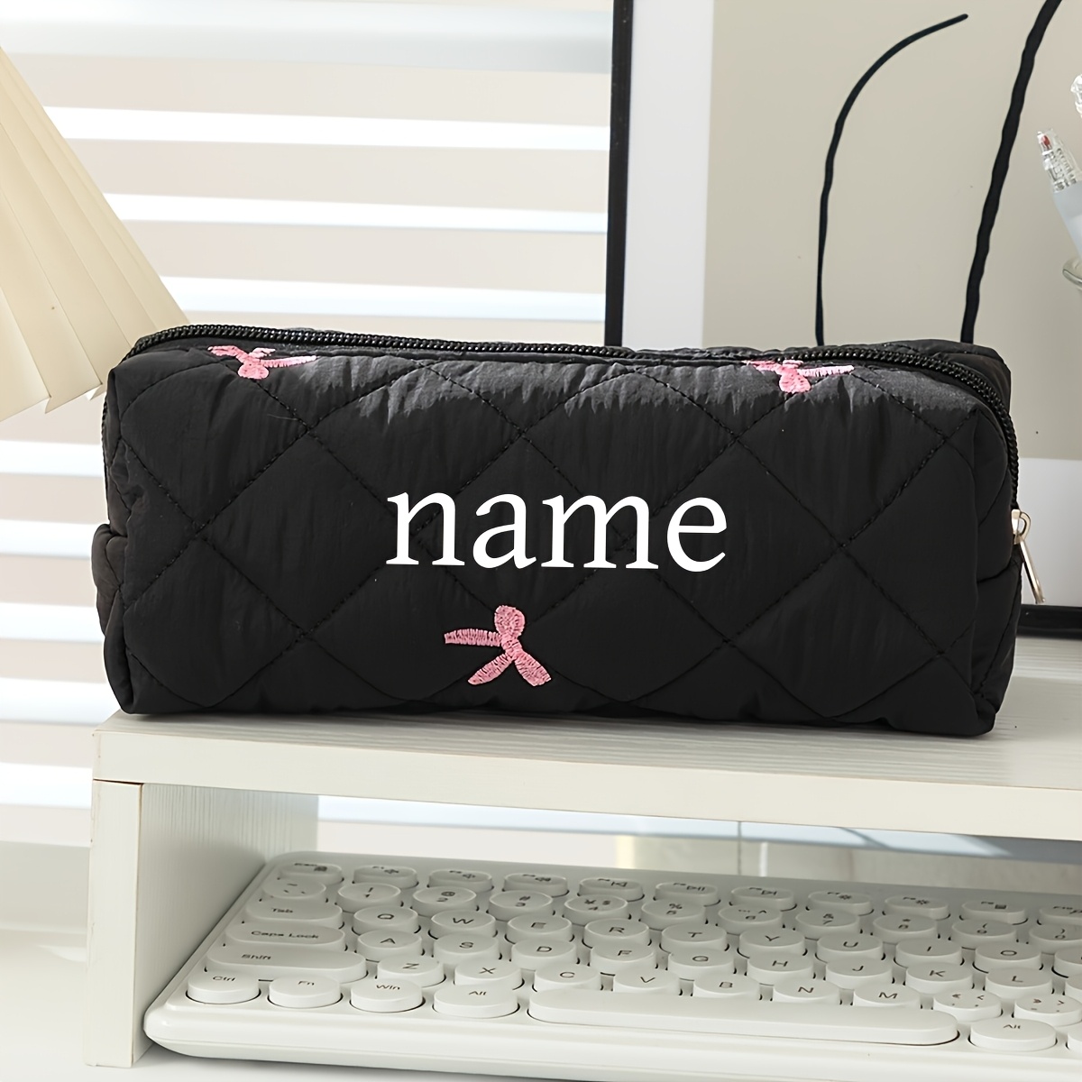 TEMU Custom Embroidered Name Pencil Case, Bow Embroidery Design, Office Supplies Organizer, Back-to-school Essential For Students, For ' Opening Gift