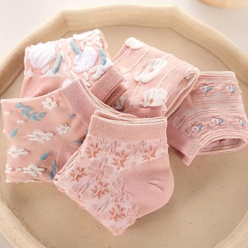 5 Pairs Women's Floral Print Ankle Socks - Pink Low-Cut No-Show Spring/Autumn Socks with Delicate Flower Patterns, Breathable & Durable for Casual & Formal Wear, Seasonal Wear Socks, Durable Socks