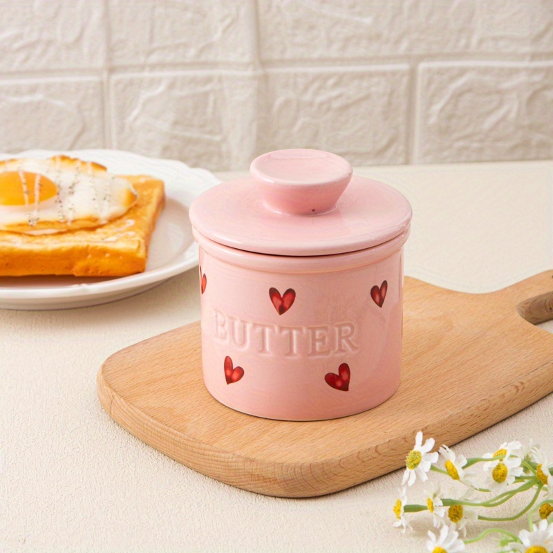*. 140 ml/4,7 oz Keramik-Butterdose im franzsischen Stil mit Deckel,  niedliche rosa Herz-Butterdose aus Keramik zum Aufbewahren auf der  Arbeitsplatte, hlt die Butter frisch, weich & streichfhig
