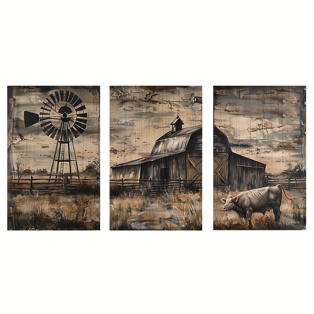 TEMU Rustic : 3pcs Barn & Art Set - , Frameless Wall Decor For , Bedroom, Hallway