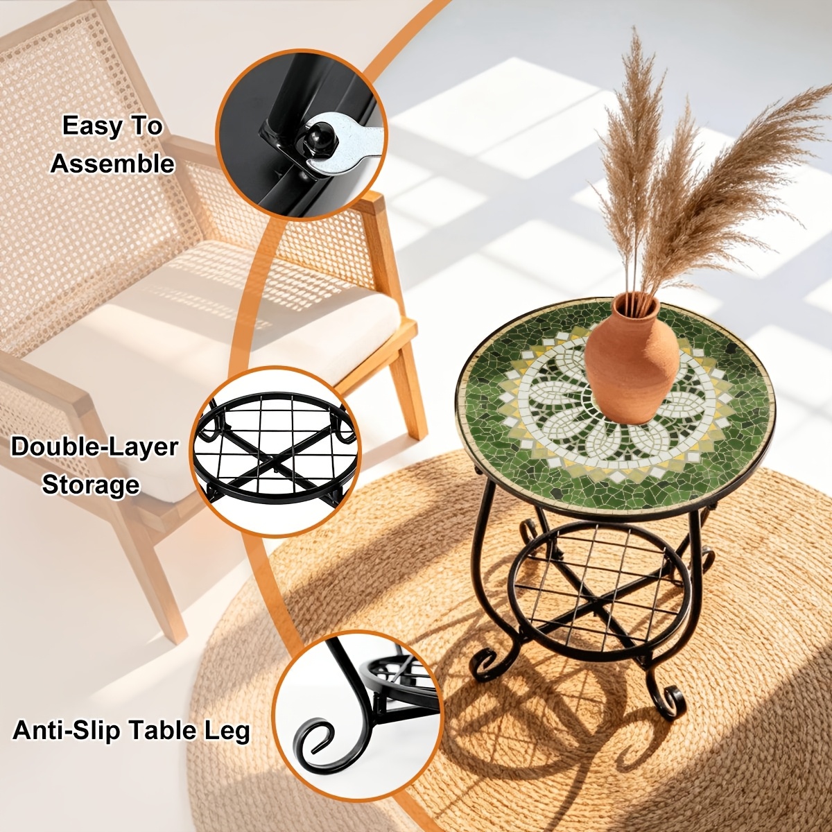 Small Round Metal Side Table with 2-Tier Iron Plant Stand, Retro Mosaic Design