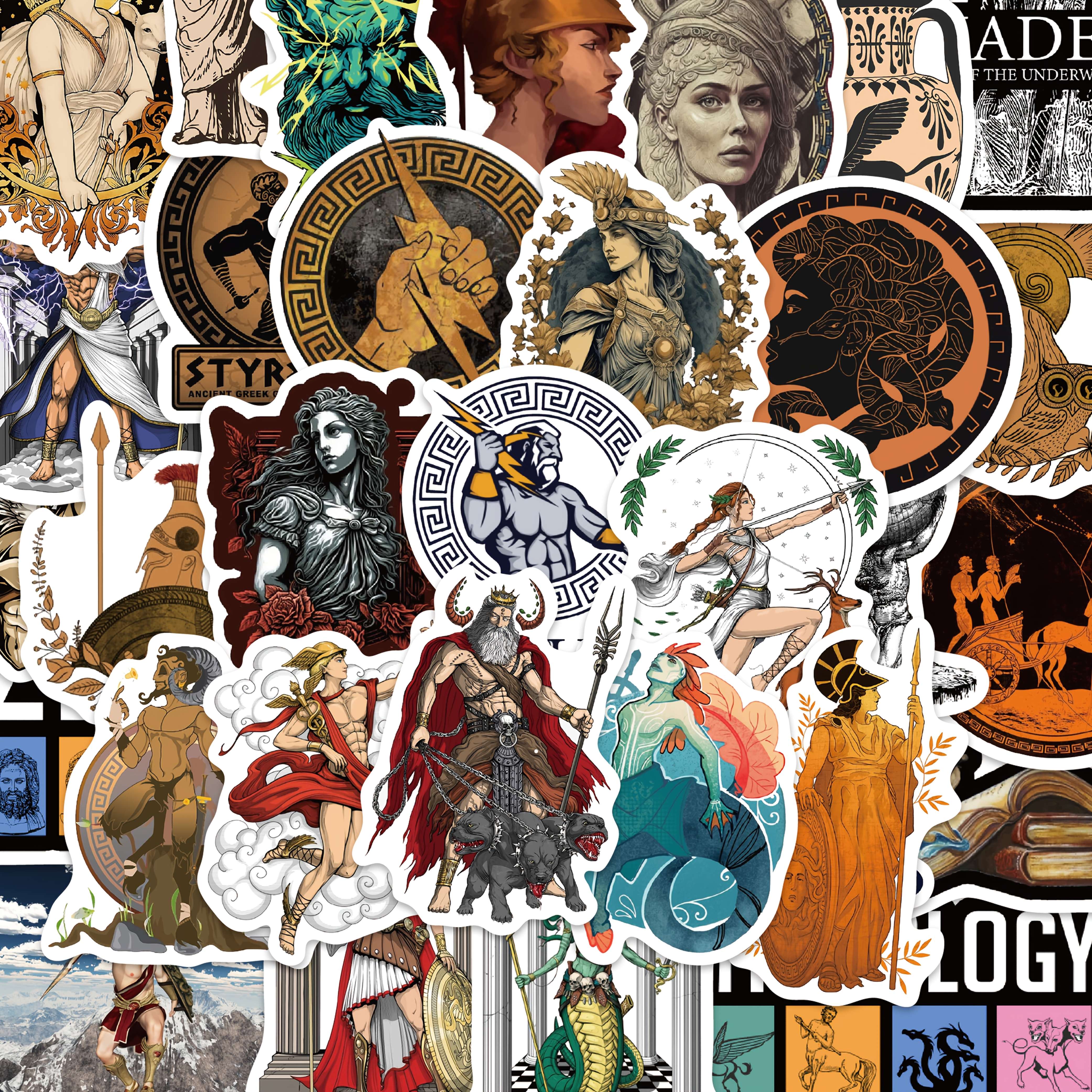 Image of 50-pack Greek Mythology Aesthetic Stickers, Cartoon Polyvinyl Chloride Decals, Self-adhesive For Laptop, Skateboard, Luggage, Journal, Irregular , Ancient Gods & Designs For Plastic & Glass Surfaces