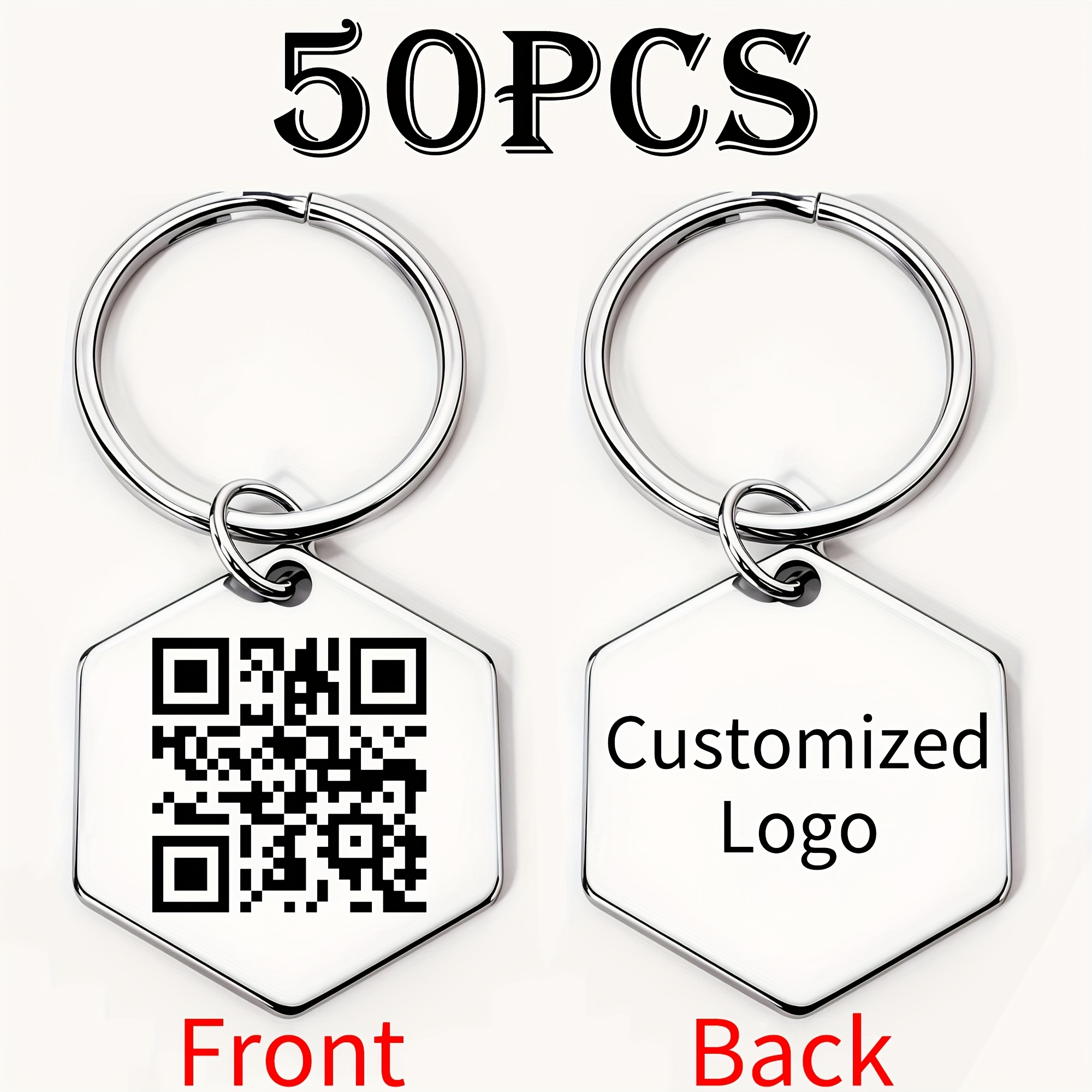 TEMU 50pcs Custom Engraved Logo/text/ Stainless Steel Hex Keychains - Durable Metal, Social Media & Payment Qr Tags, Stainless Steel Material,