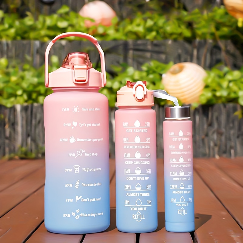 

Three-piece Set Large Capacity Cup Gradient Color Frosted Plastic Water Cup, Sports Water Bottle With Time Marker