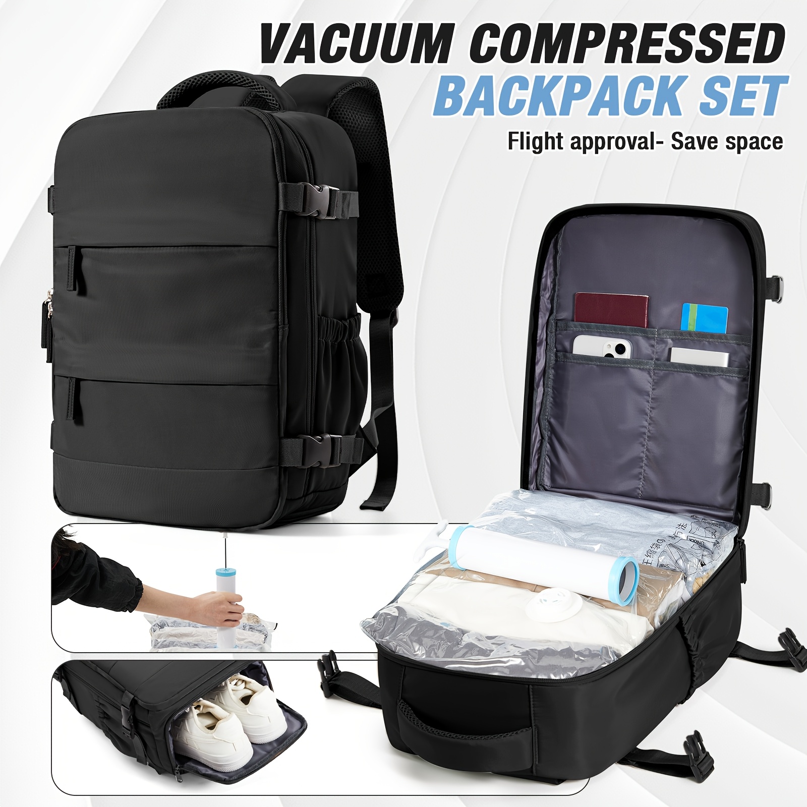 Set de Maletas y Suitcase para Viajes - Esencial para Tus Trips! Backpack con Compresión Vacuum Manual, Liberación de Espacio Masivo, Capacidad Grande + Diseño Detachable