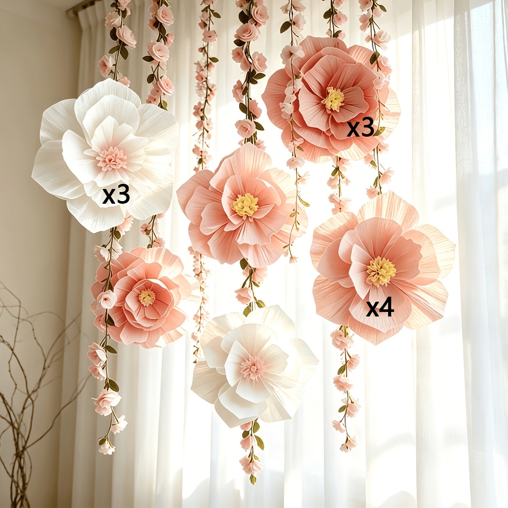 TEMU 10pcs Fleurs artificielles en papier rétro rose foncé rose blanc 3 couleurs mélangées, fleurs artificielles de simulation, adaptées aux