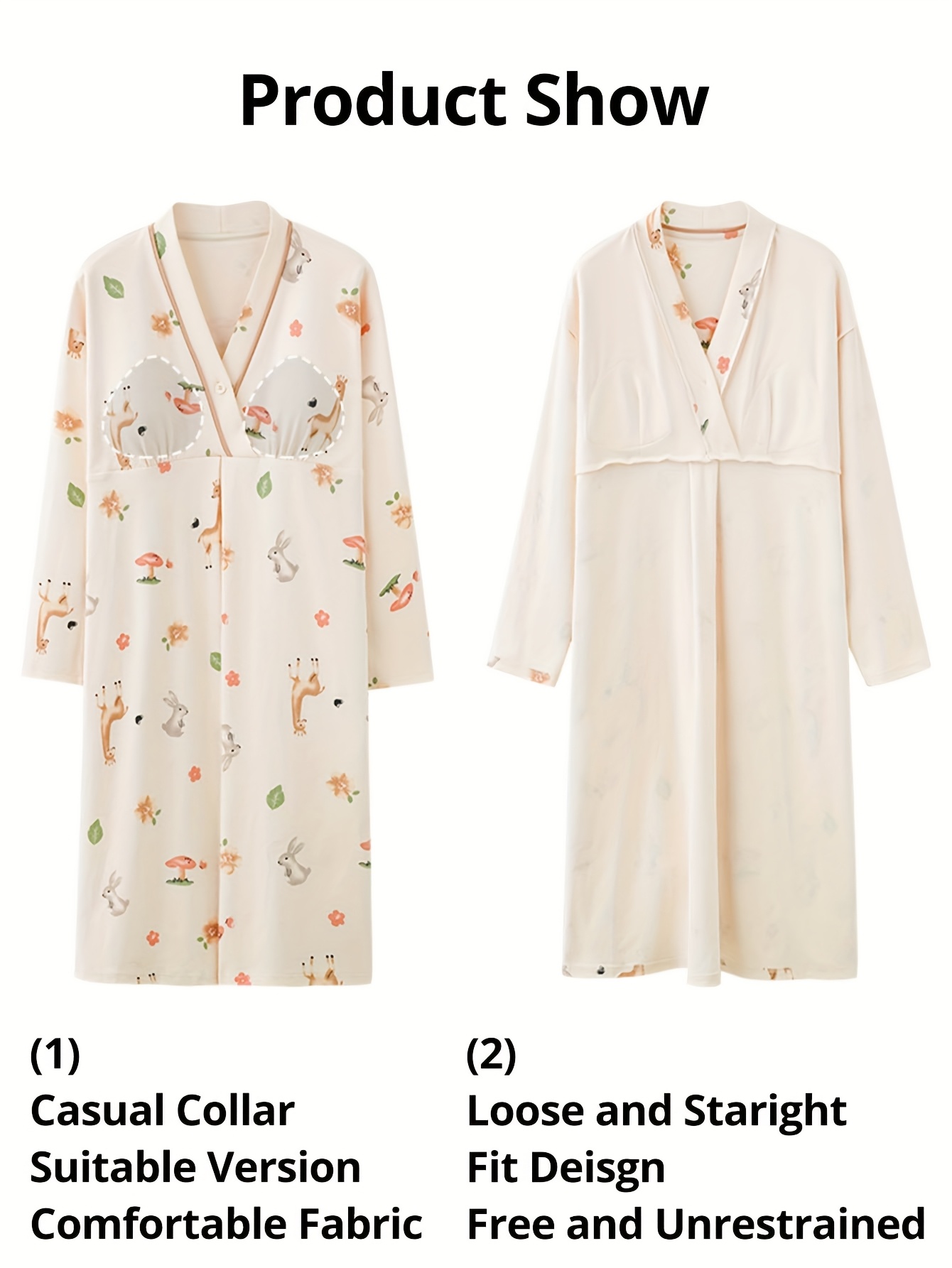 maternity nightgown with breast pad soft v neck long sleeve maternity dress for pregnancy postpartum breastfeeding cute animal cloud print loose   season   maternity clothes  able pregnancy wear   maternity design medium   fabric Product details 8