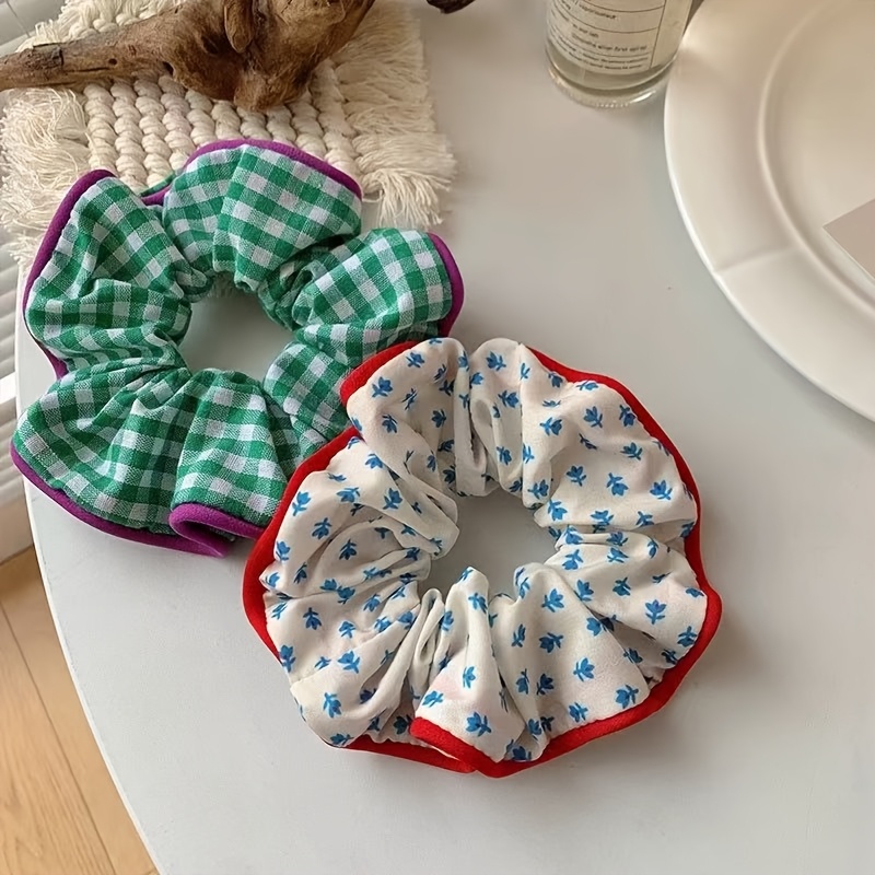 TEMU Juego de 2 scrunchies de tela de cuadros florales estampados para mujer, casuales y de uso diario
