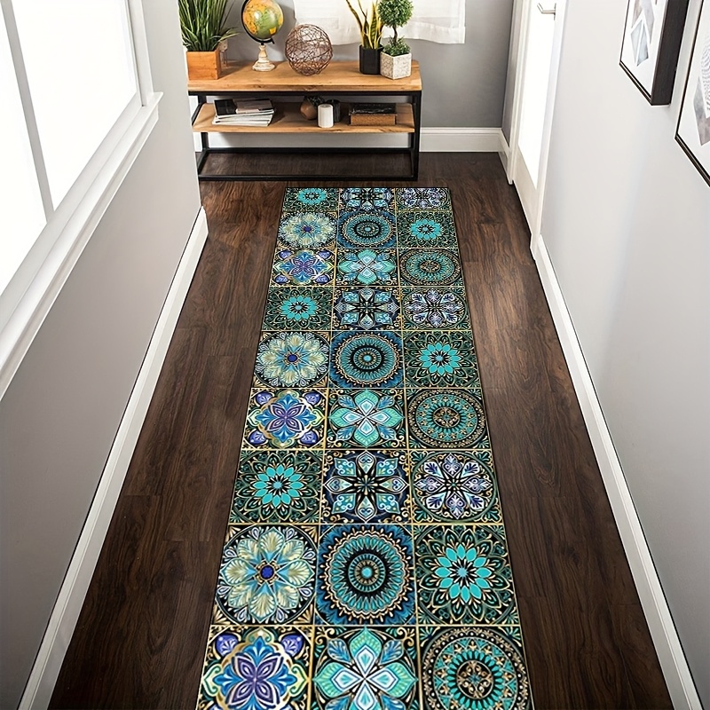 TEMU 1pc, Moroccan Tile Print Floor Mat, Fleece Material, Main Colors , Lake Blue, Dark Blue, Printed With Circles, , Petal Shapes, Etc., Very