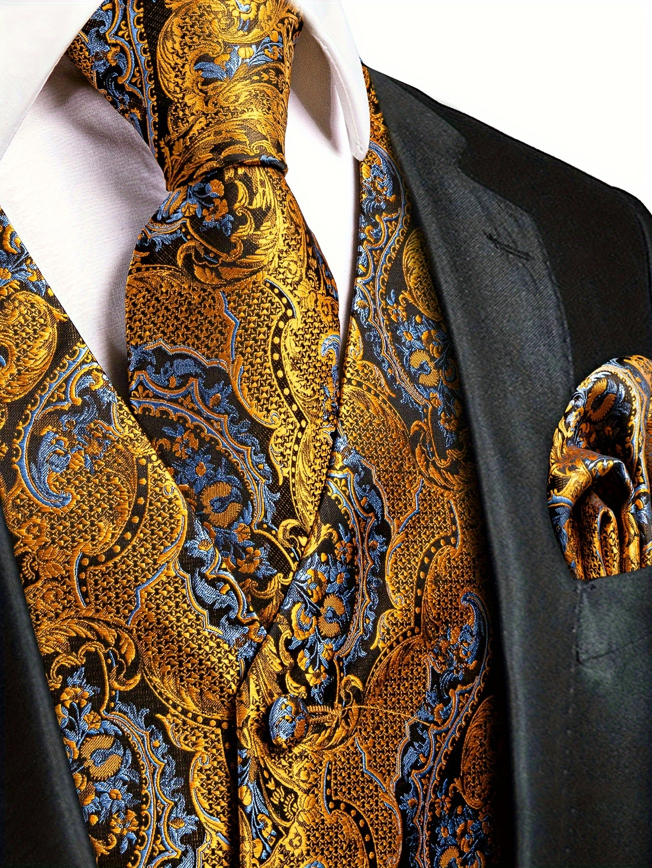 Men's Paisley Graphic Print V Neck Waistcoat & Necktie & Handkerchief & Cufflinks 4-piece Set For Party/wedding/formal Prom