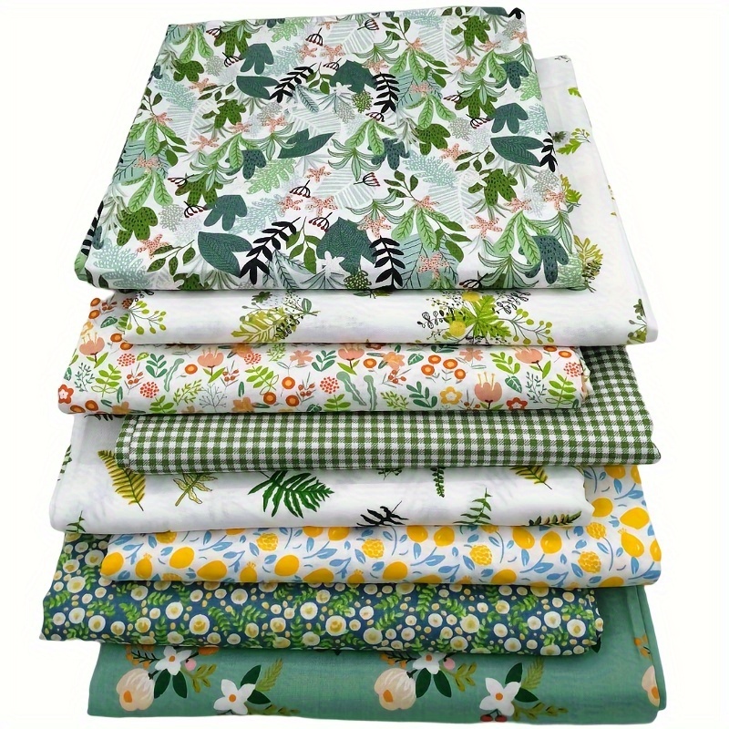 Image of 8pcs Floral & Gingham Cotton Bundle - Green Leaf, Flower, And Solid Patterns For Quilting, , And Diy Crafts - Pre-cut Twill Squares (100% Cotton)