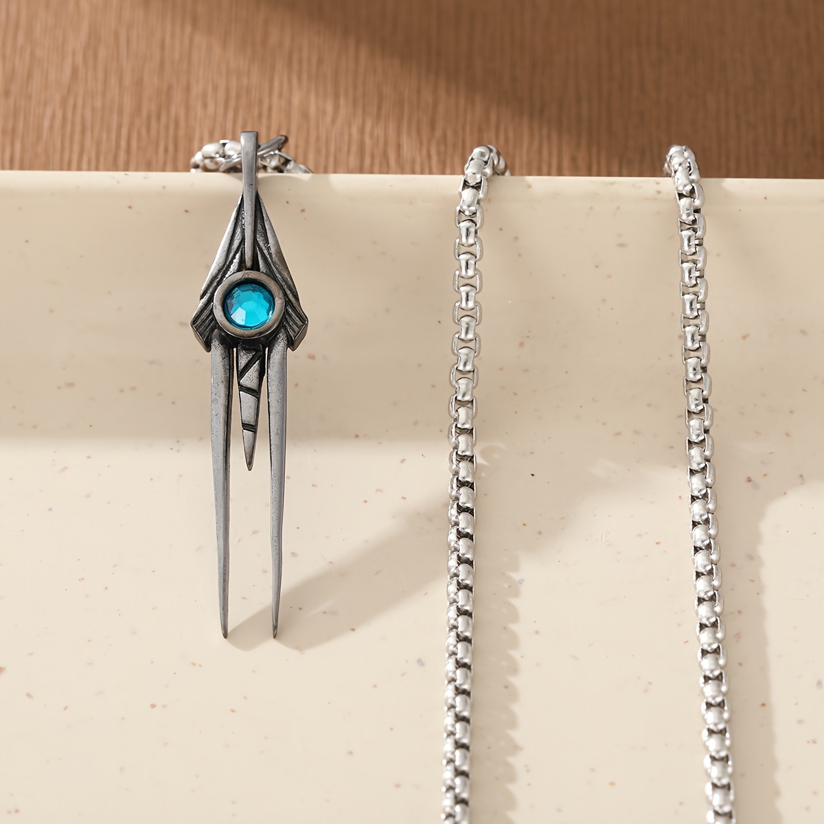 TEMU Gothic Style Distressed Spear-shaped Pendant With Spikes And Blue Synthetic Synthetic Synthetic Zirconââ, Niche Cool Men's Necklace For Parti