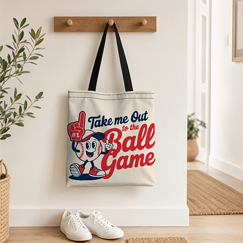 TEMU 1pc Baseball-themed Cartoon Tote Bag, Foldable Handbag, Large Capacity Tote, Double-sided Printed Reusable Shopping Bag, High-capacity Durable
