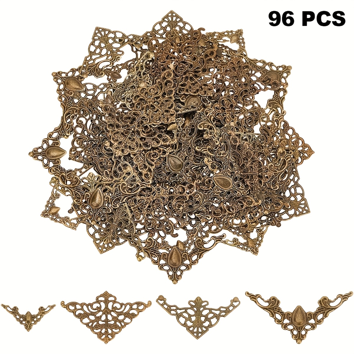 TEMU 96 pièces de livre 4 styles Protecteur d'angle Triangle creux Connecteur d'enveloppe de livre en métal Pendentif Album en métal Remplissage en