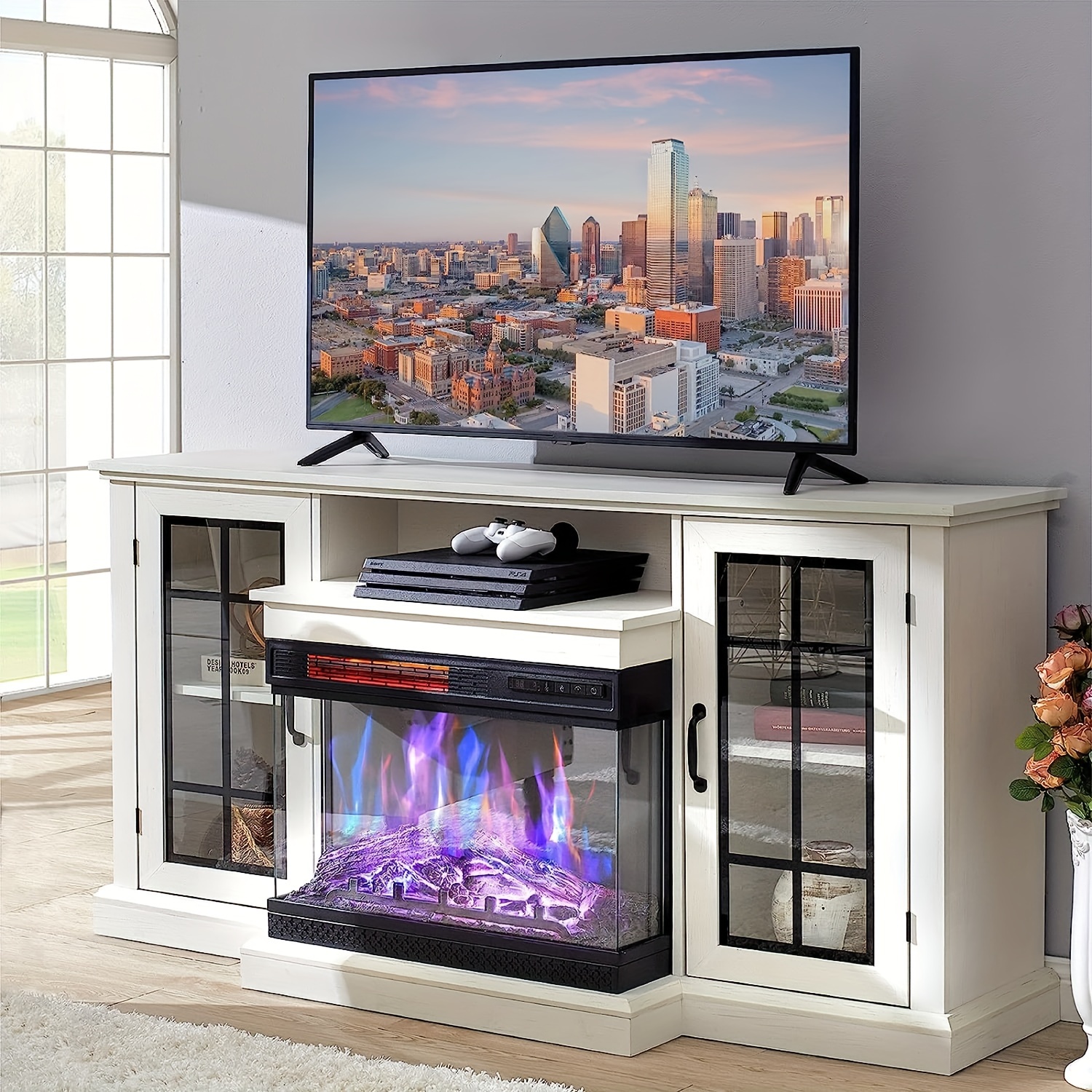 

Fireplace Tv Stand With 3-sided Glass For Tvs Up To 65" With 12 Color Options, Media Console Table With Enclosed Storage And Doors, Distressed White