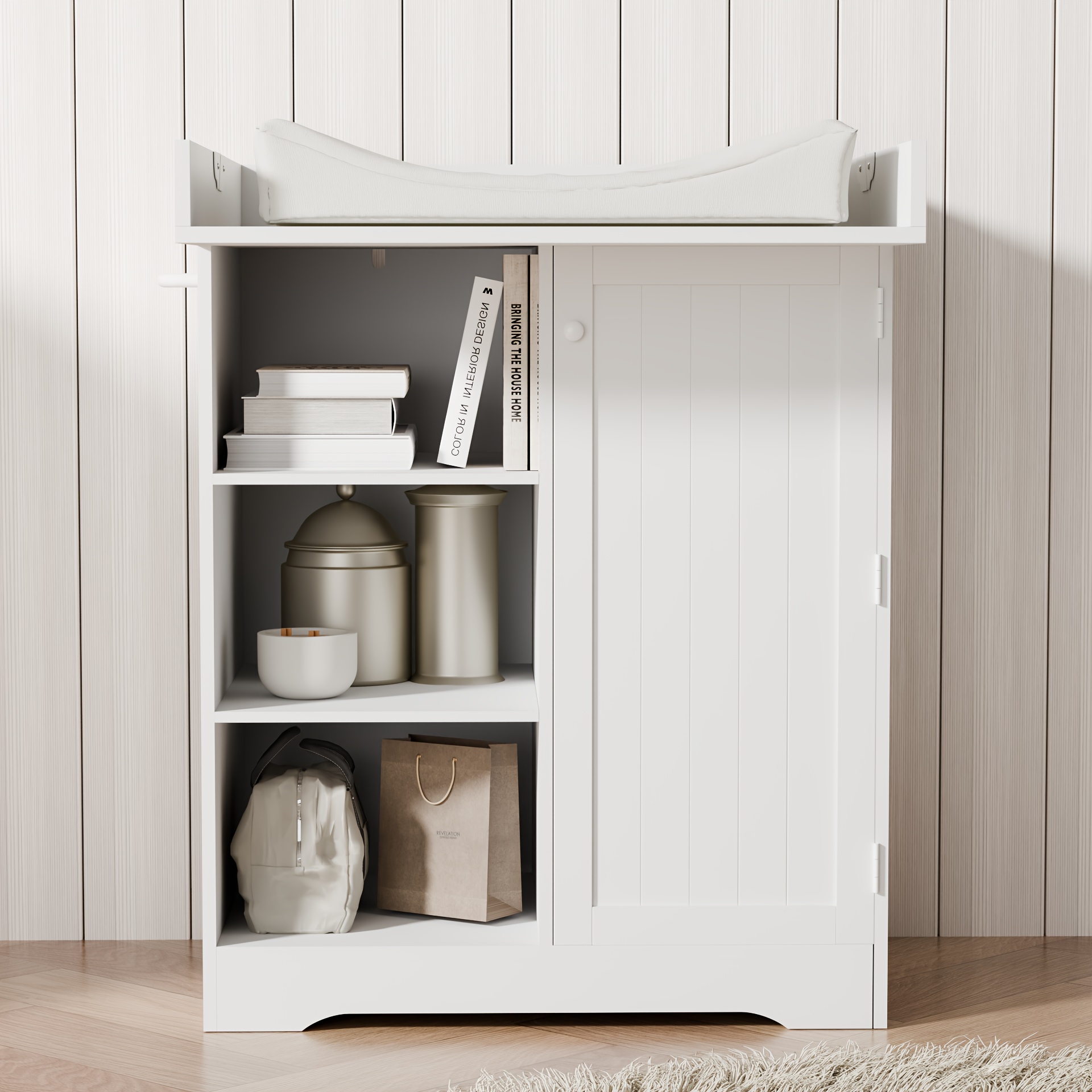 Foldable Baby Changing Station with 3 Drawers, White Diaper Table Organizer with Open Storage for Nursery