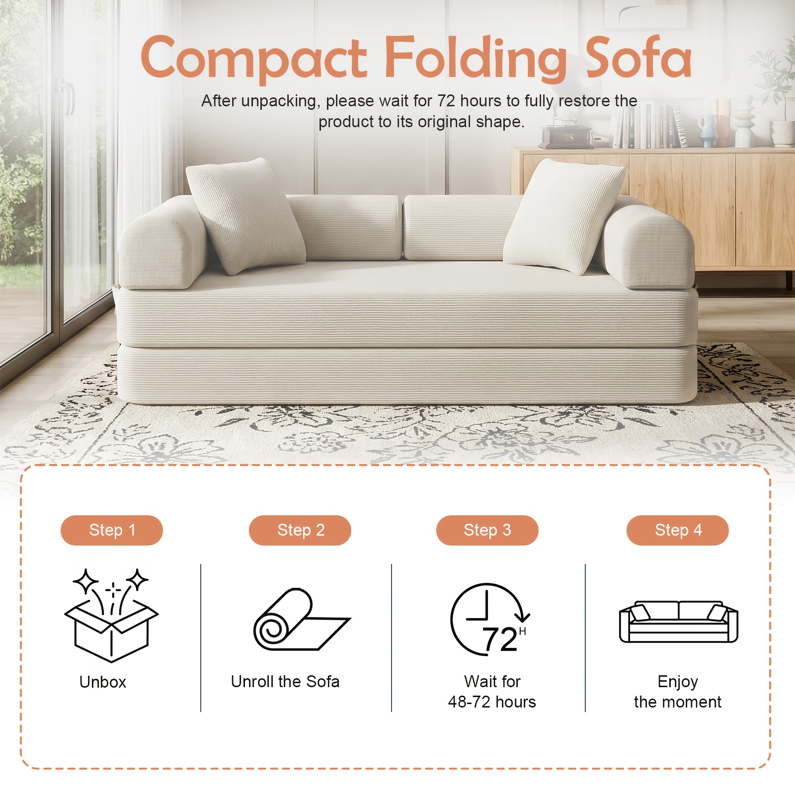 78-inch Modern Corduroy Sofa Bed with High-Density Foam - Convertible Sleeper Suitable for Guest Room, Home Office, Dorm, Space-Saving Folding Bed, Assembly, Corduroy Upholstery for Small Apartments & Multifunctional Furniture