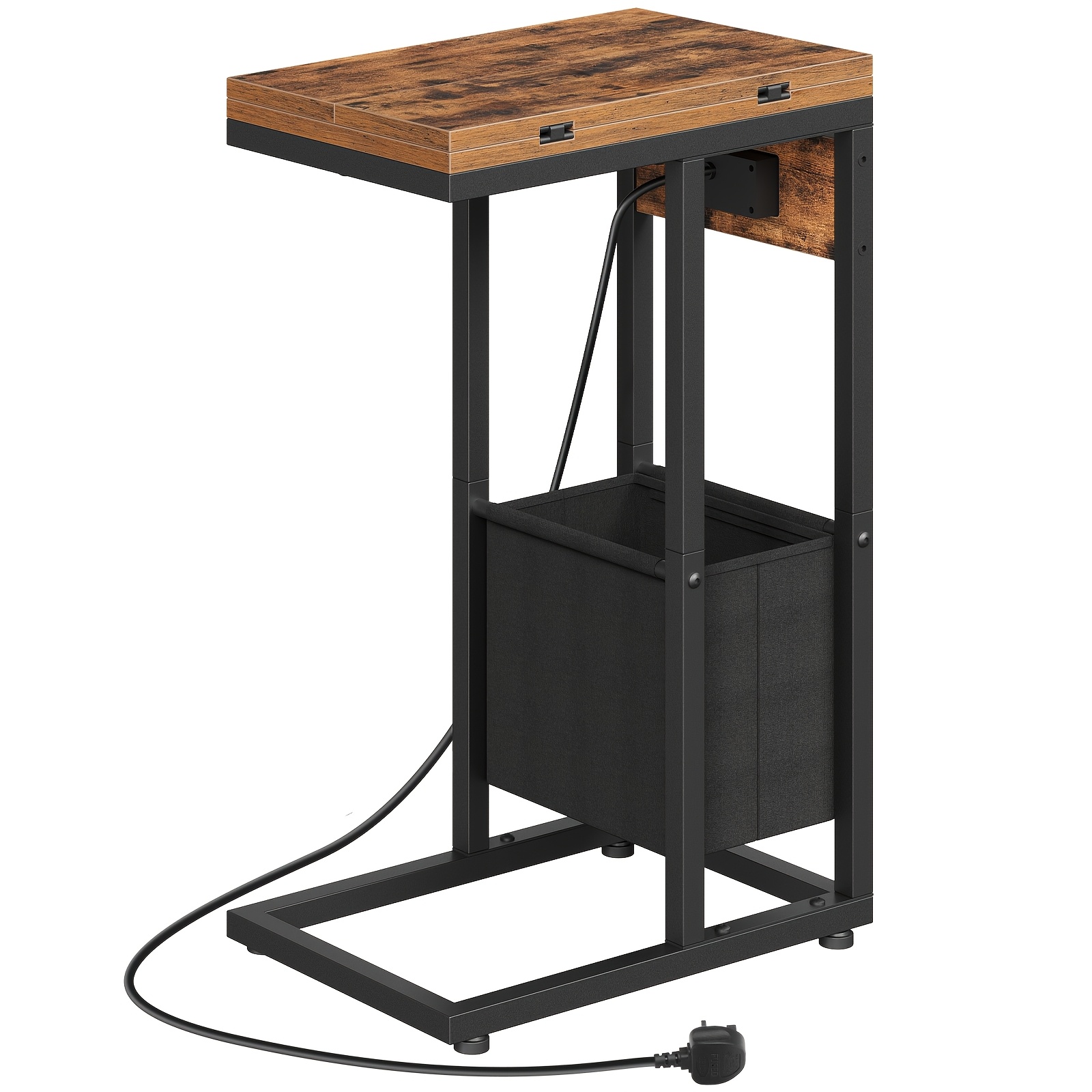 Rustic Brown Foldable C-Shaped Side Table with Charging Station