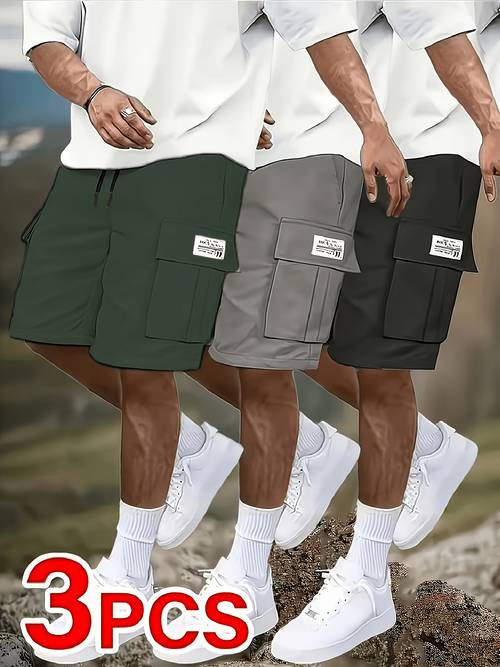 3pcs mens casual cargo shorts elastic waist multiple utility pockets loose fit durable fabric for golf outdoor activities black beige light gray active clothing relaxed style flexible