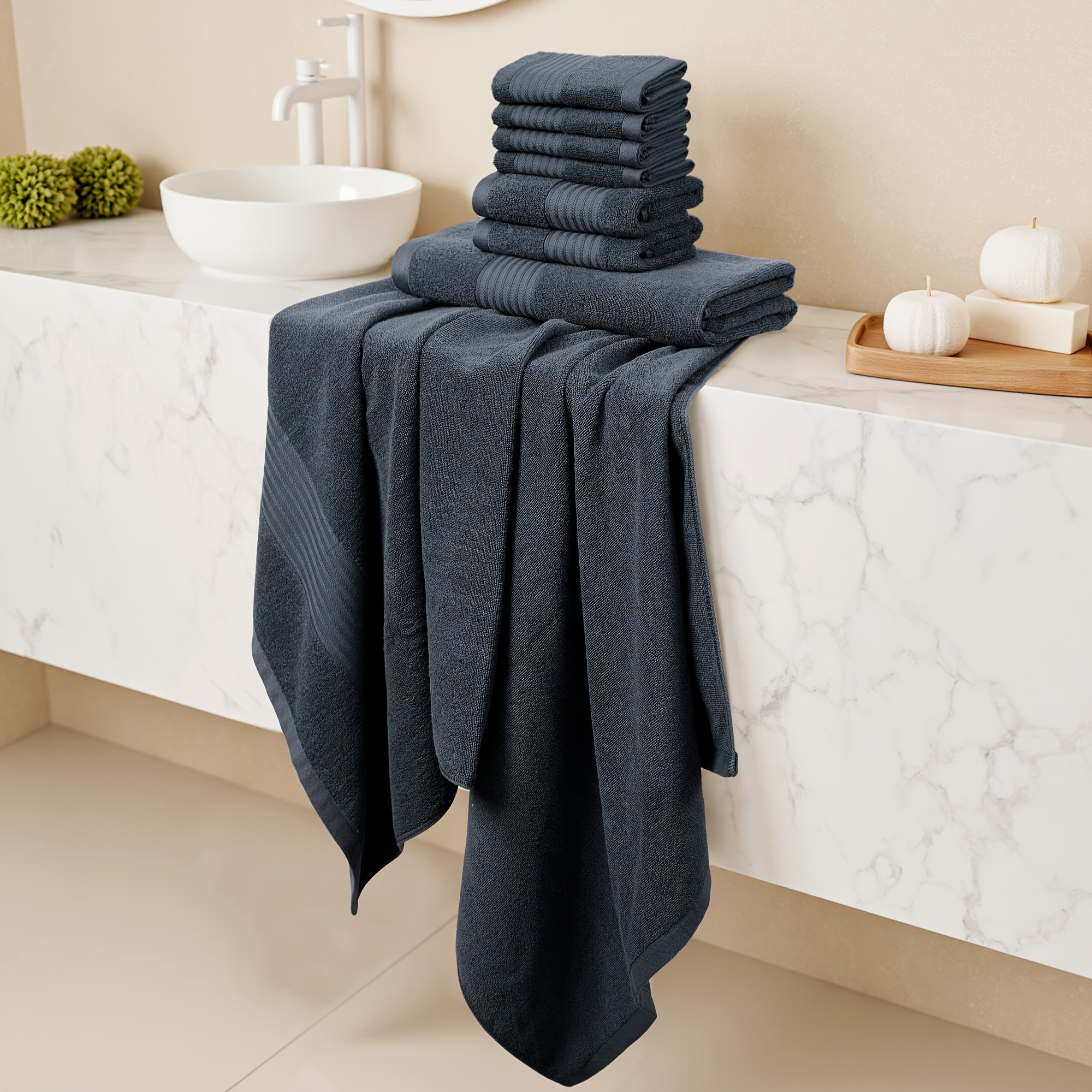 TEMU 8pcs Luxury 100% Cotton - Super Soft & Absorbent | 2 Bath Towels, 2 Hand Towels & 4 Washcloths | Long-lasting, Skin-friendly, Breathable 100%