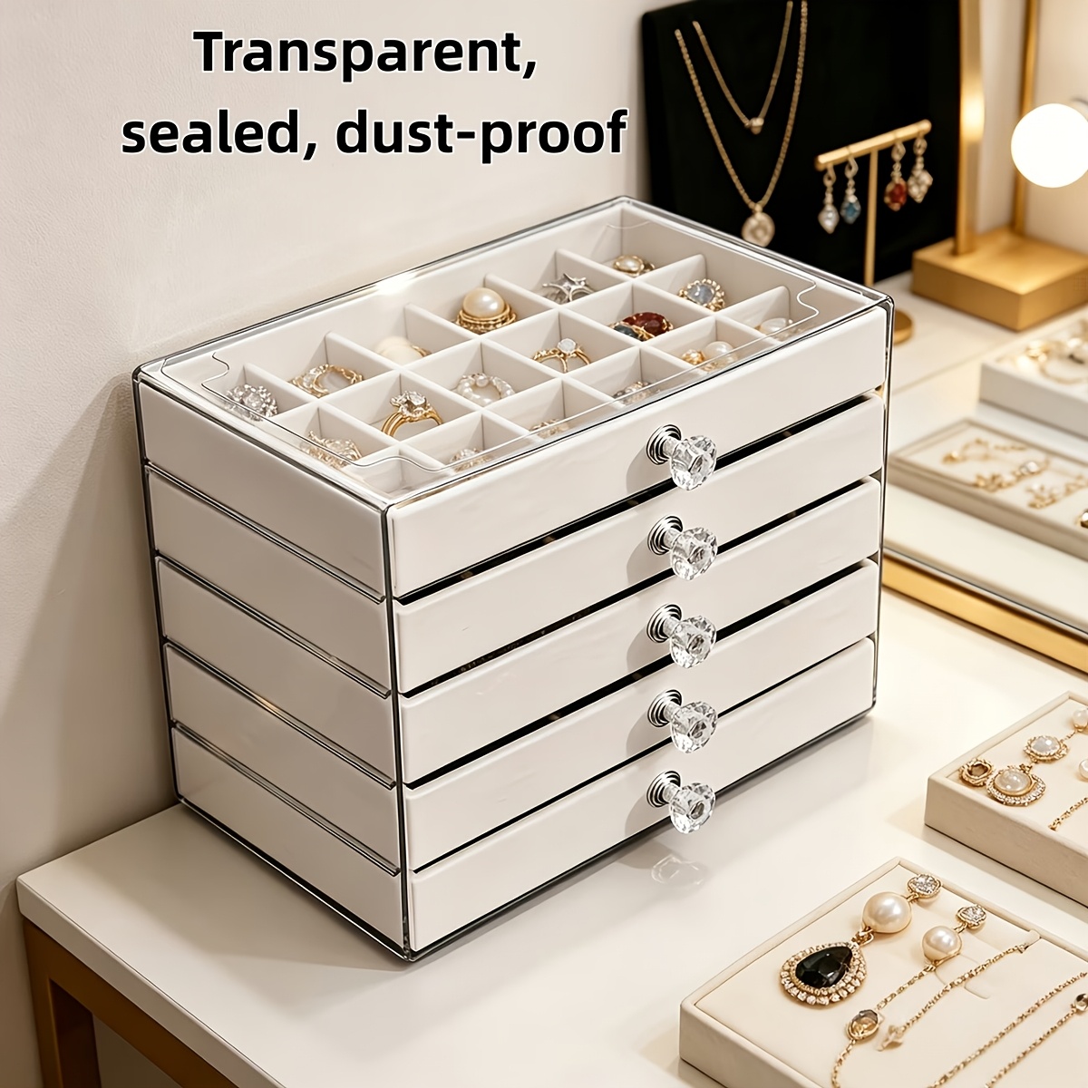 TEMU Boîte de rangement bijoux beige pour bureau - Accessoires