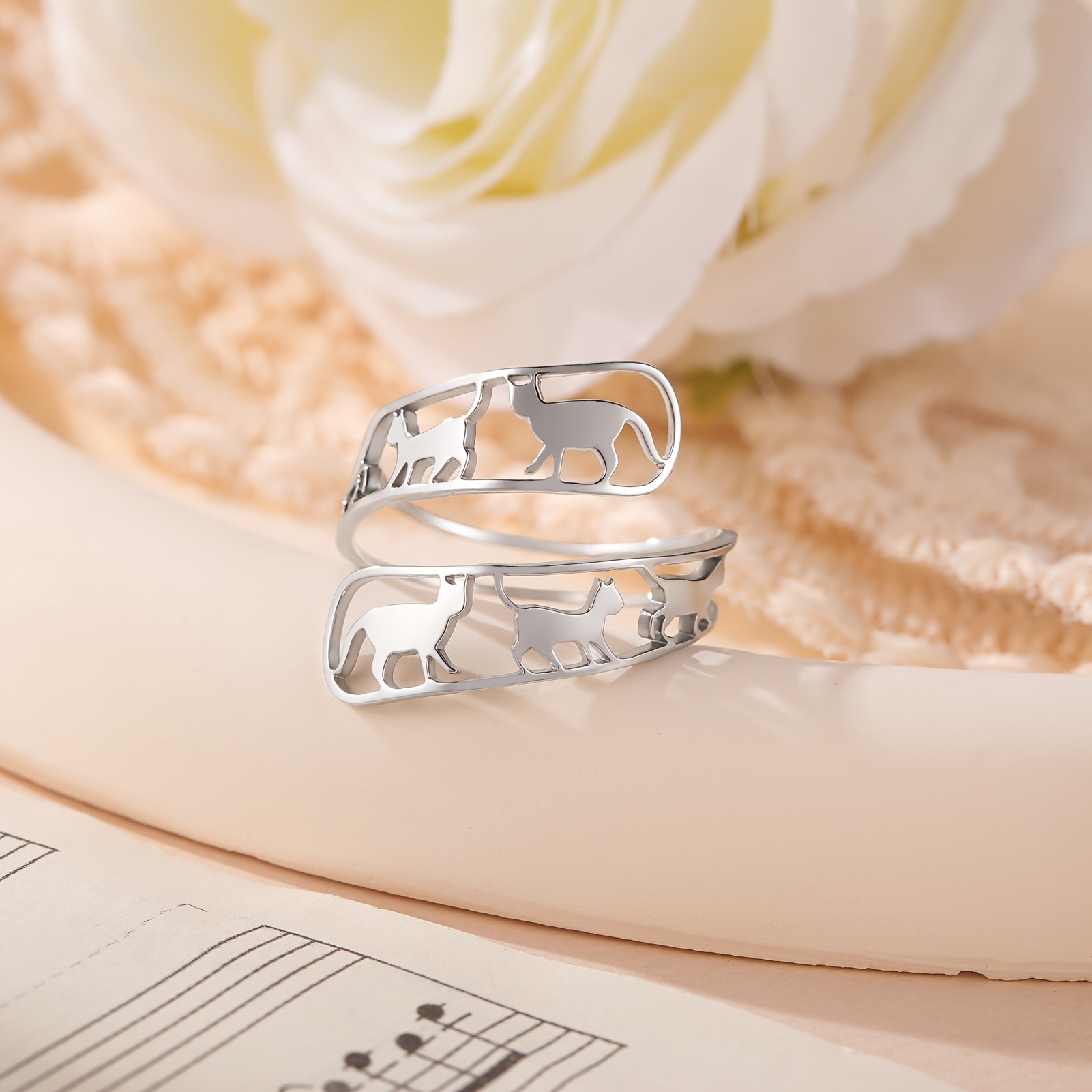Cat Paw & Feline Minimalist Open Ring, Gift for Cat Lovers