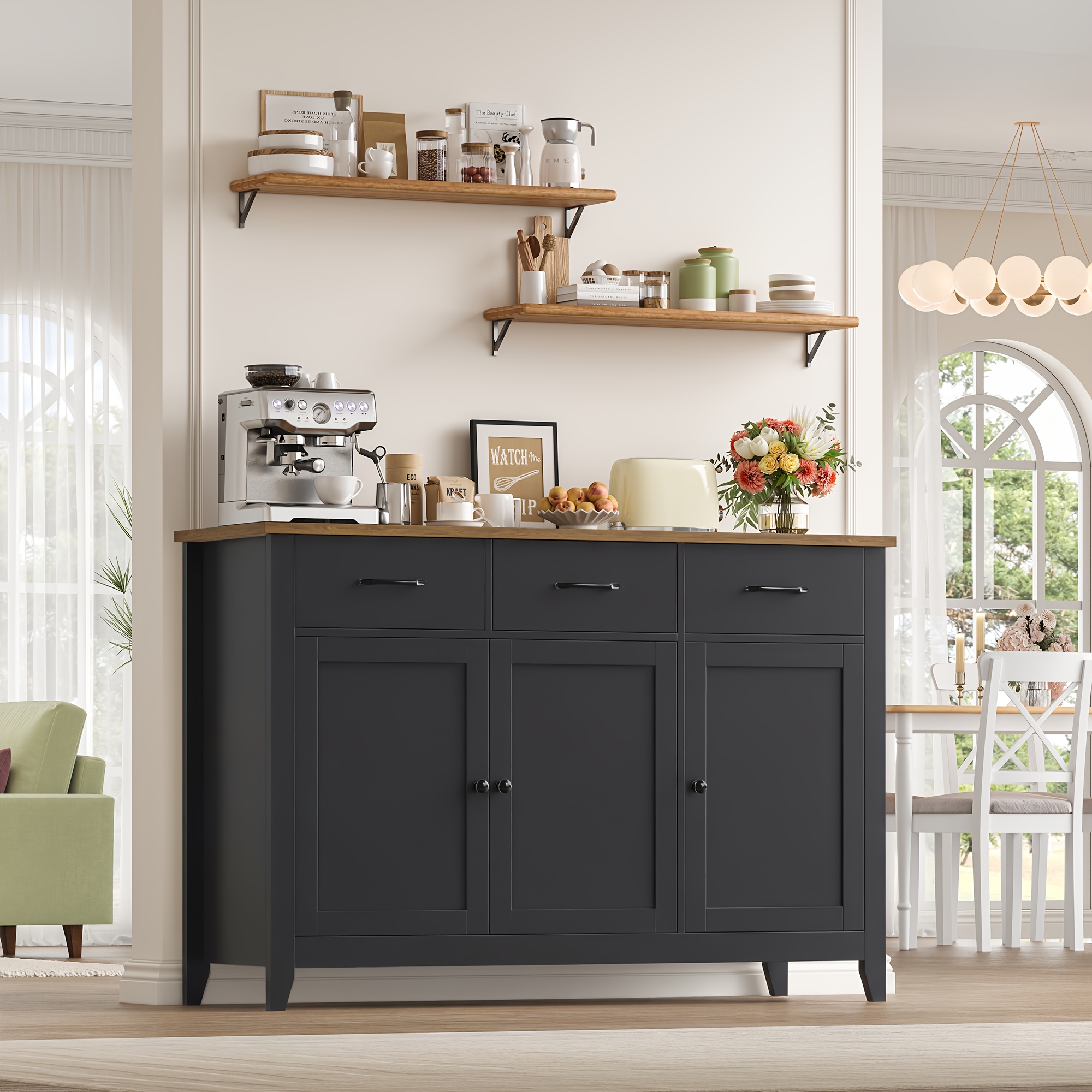 Kealive Kitchen Sideboard, A Storage Cabinet Featuring 3 Drawers And 3 Doors, Perfect For Organizing Your Living Room Or Dining Area, With Adjustable Shelves