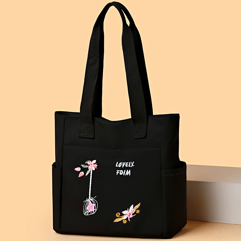 TEMU Sac fourre-tout pour femme en toile Oxford à broderie florale, sac à bandoulière à grande avec fermeture éclair, sac à main multi-poches