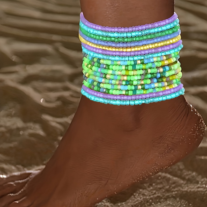 

10pcs Colorful Stackable Bead Ankle Bracelet Set, Bohemian Style, Vacation Jewelry For Ladies, Summer Beach Party Accessories