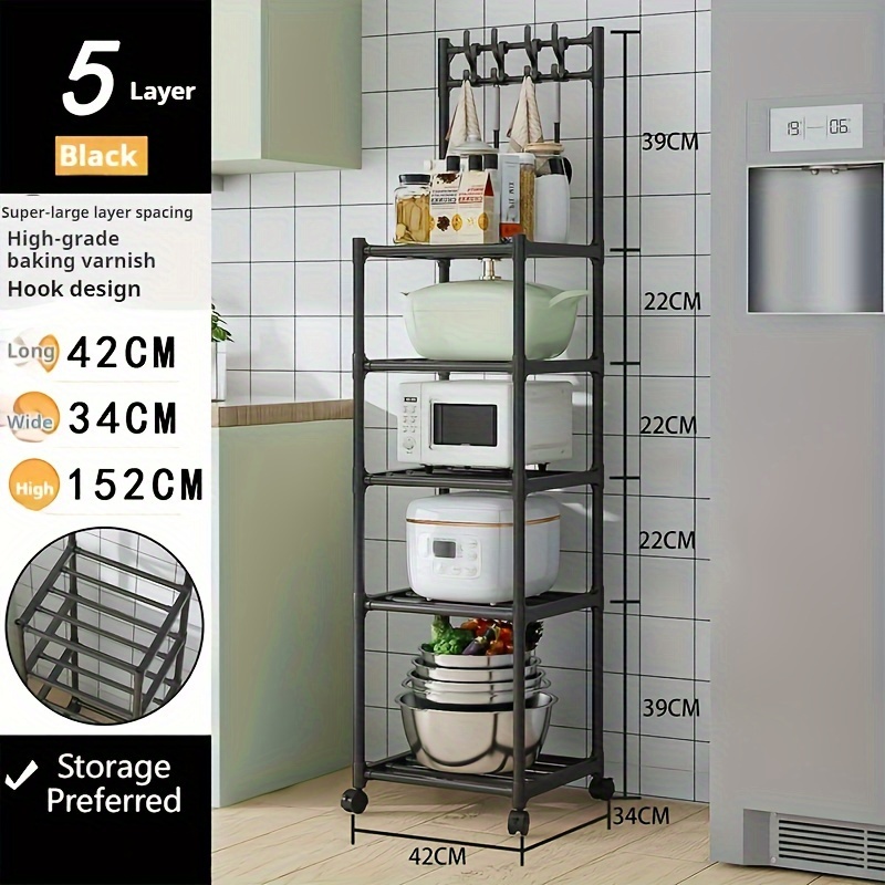 TEMU Adjustable 4/5 Tier Metal Storage Rack With Hooks - Kitchen, Bedroom, Laundry Room Use - Stand - Metal Construction - Shelf Type: Supporting Shelf - Number Of Shelves: 4