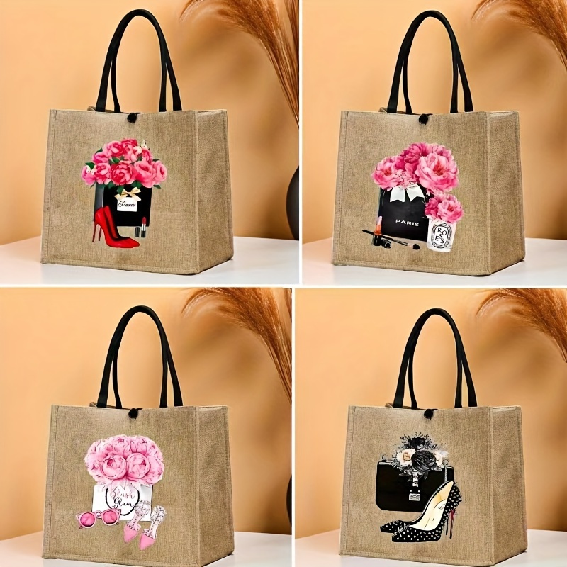 

Fashion Flower Pattern Tote Bag, Lightweight Burlap Shopping Bag, Portable Travel Beach Bag Gift Bag