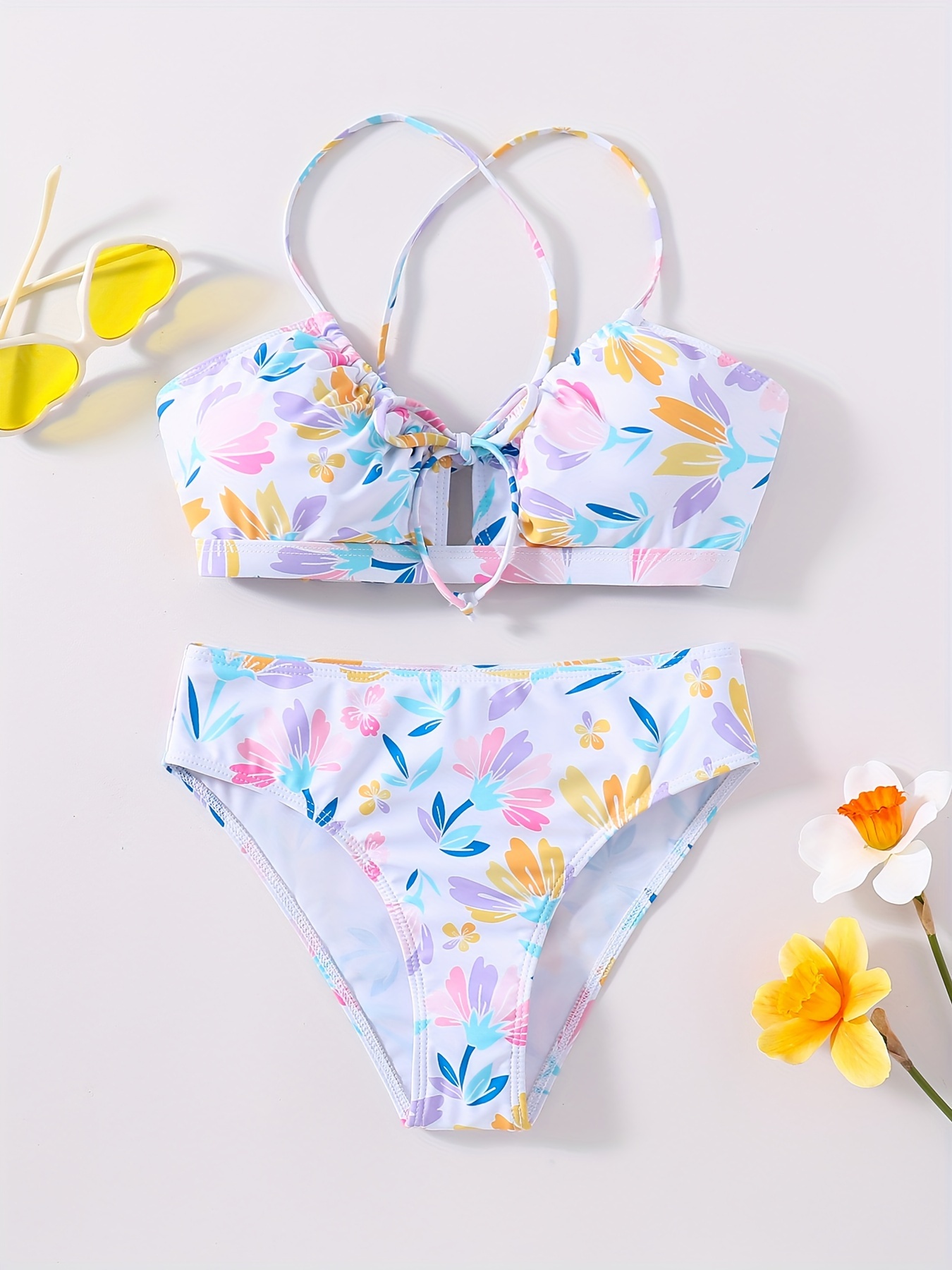 Teen Girls Cute Floral Bikini Set Cut Front Suspender Top + - Temu