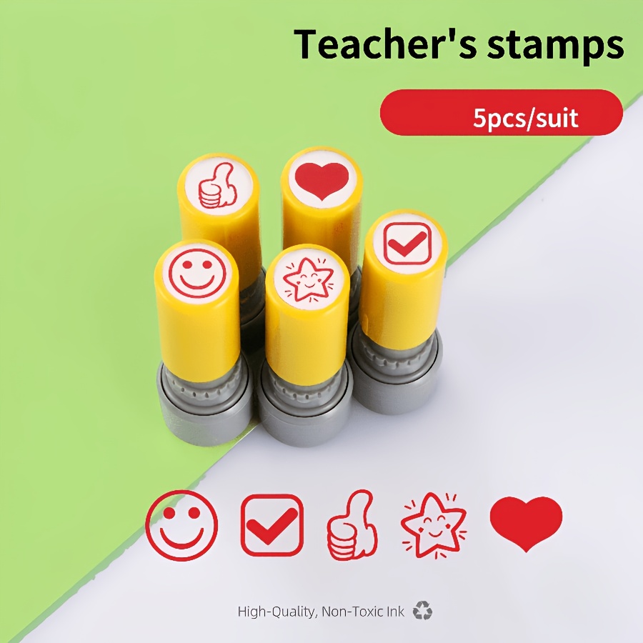 Image of 5pcs (5-pack) Self-inking Teacher Stamps With Color-coded Stamps Suitable For Homework Correction, Class , Durable Abs Thermosensitive Ink For Faces, Stars, Circles, For Supplies