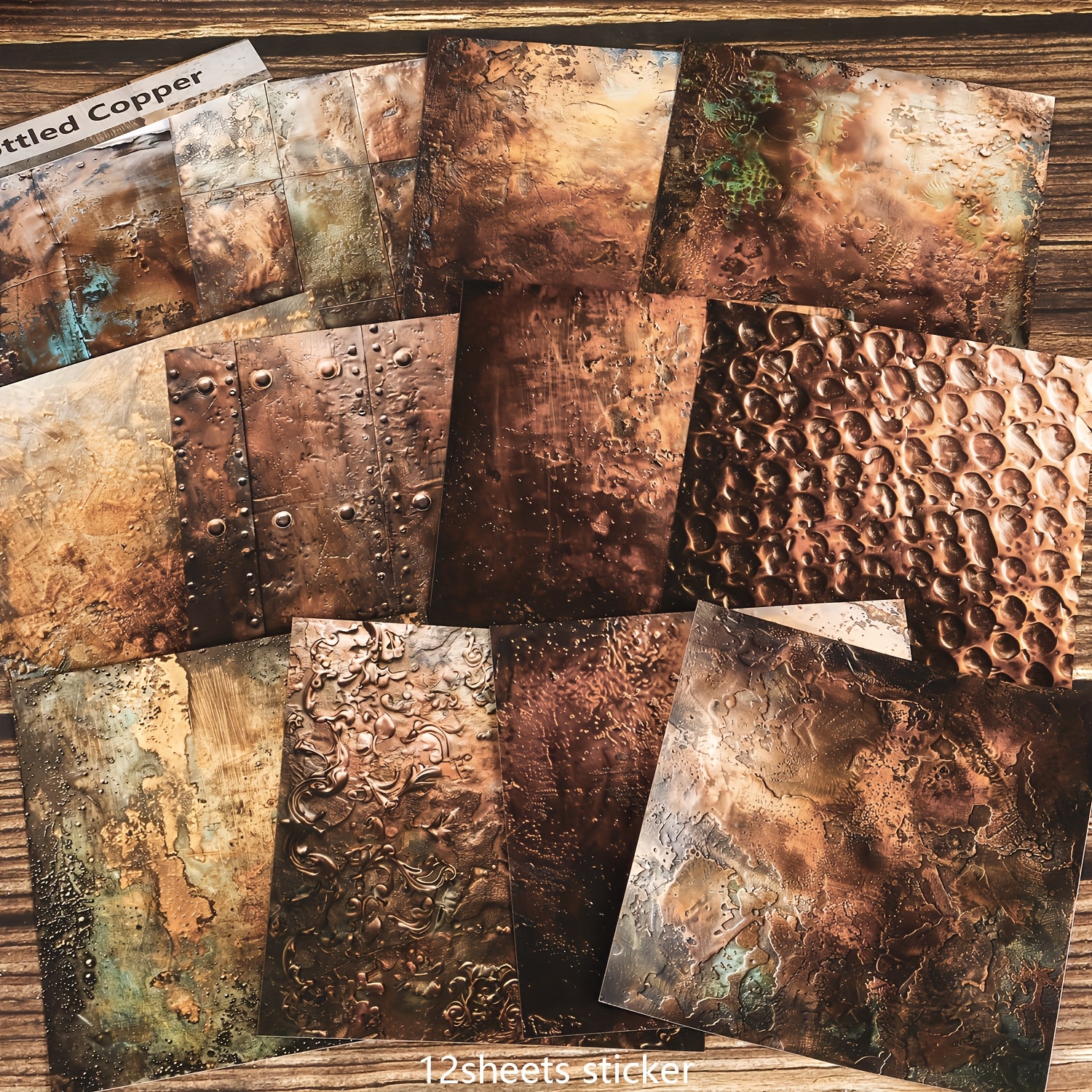 TEMU 2d Flat Jaiiman 12sheets Vintage Copper Texture Large Size Self-adhesive Sticker, Decoration Decals, For Scrapbooking Supplies, Background Pad,