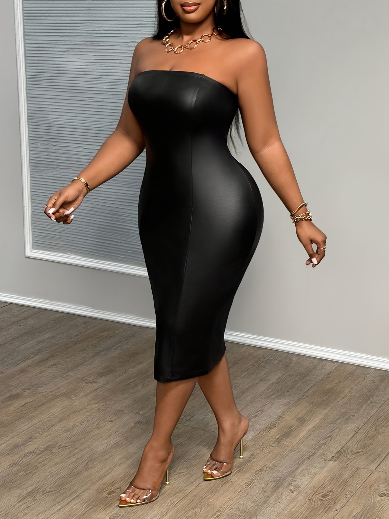 elegant plus size black faux leather bodycon midi dress - Temu Mauritius