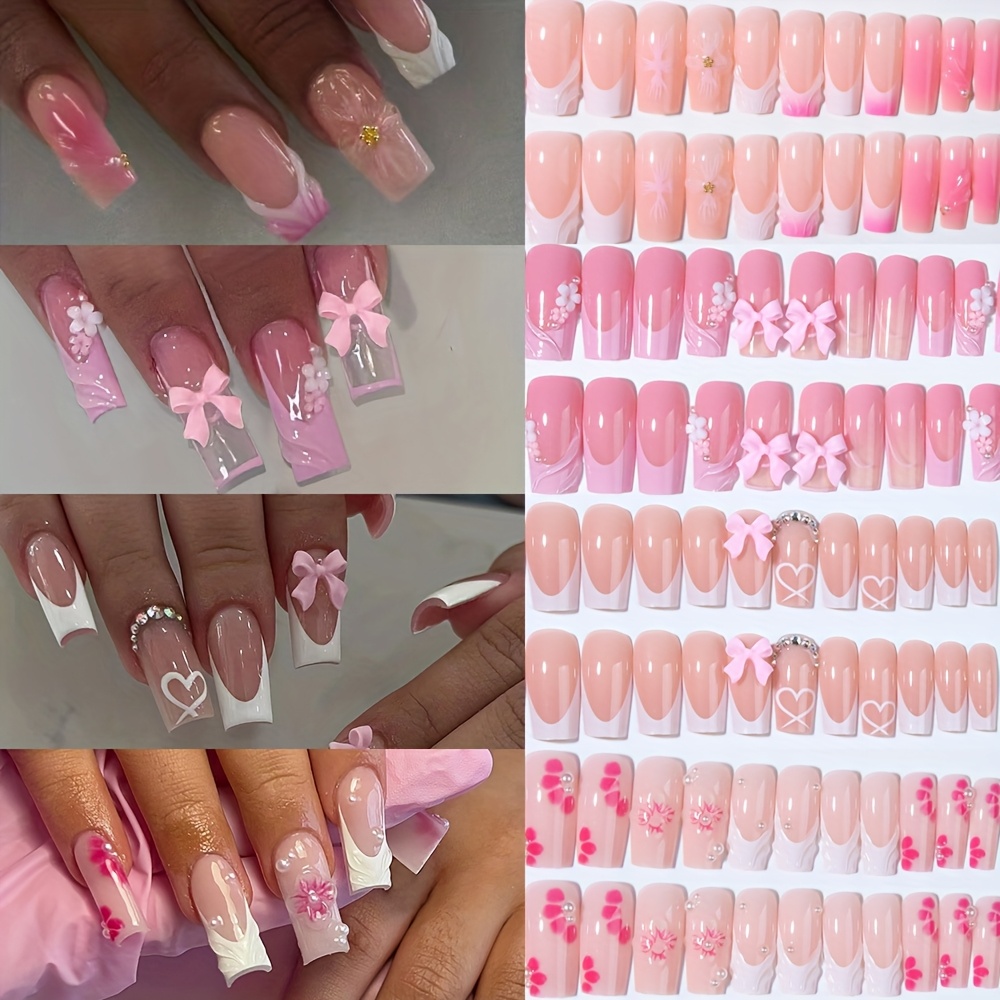 96pcs Medium Square Simple 3d Mixed Flower Press-on Acrylic Nails For Women And, Affordable And Natural For Daily Wear, Y2k Style