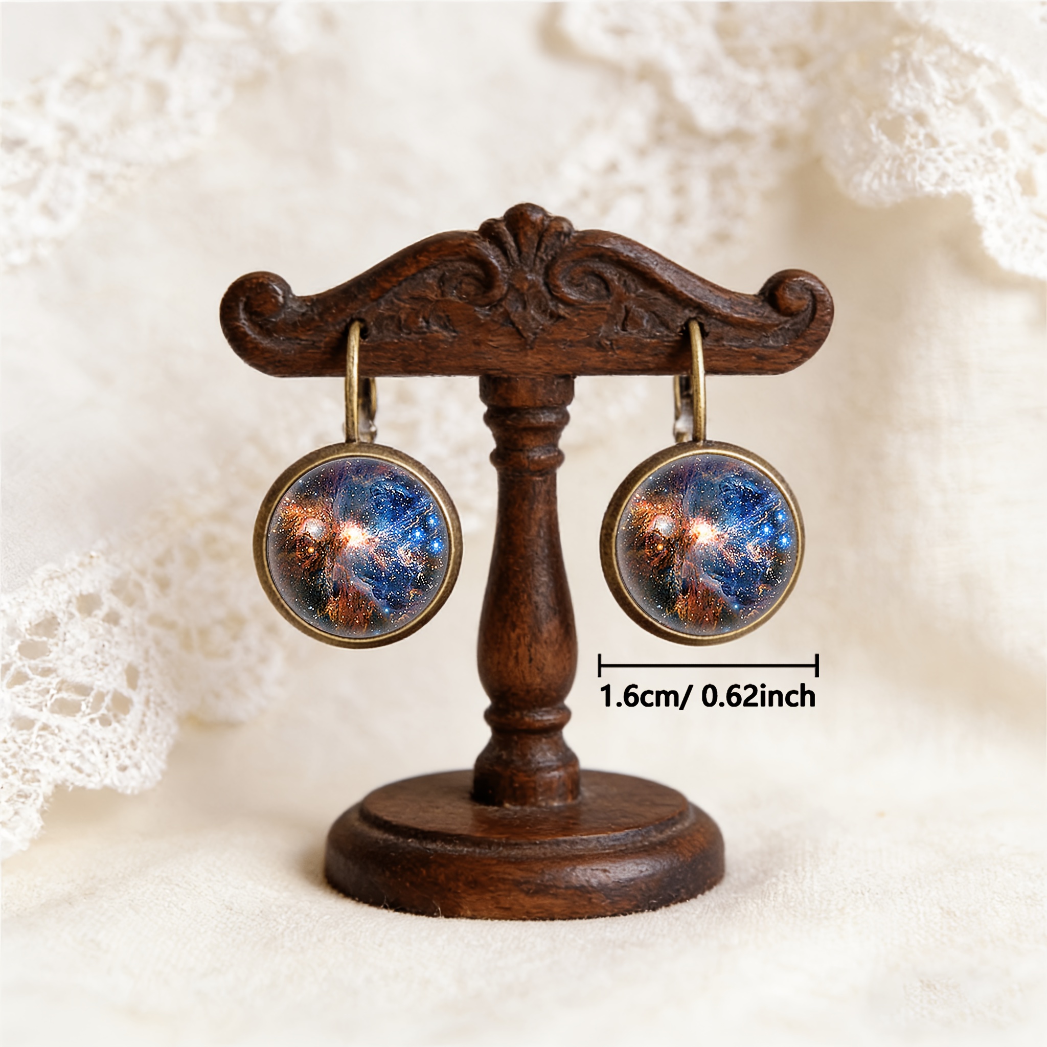 2pcs Antique Cyan Round Classical Earrings Set with Cosmic Nebula