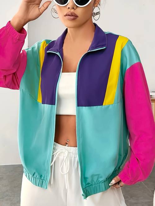plus size color block zip up jacket