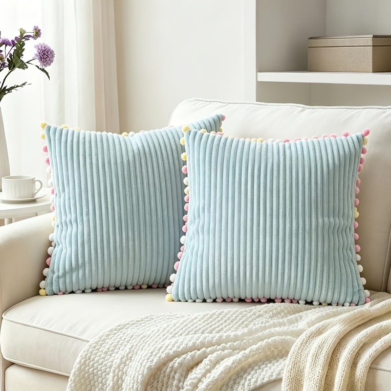 TEMU Brand New Double-sided Corduroy Gradient Pom-pom Throw Pillow Cover, Cushion Cover, Clean, Soft And Comfortable, Zipper Closure, Machine