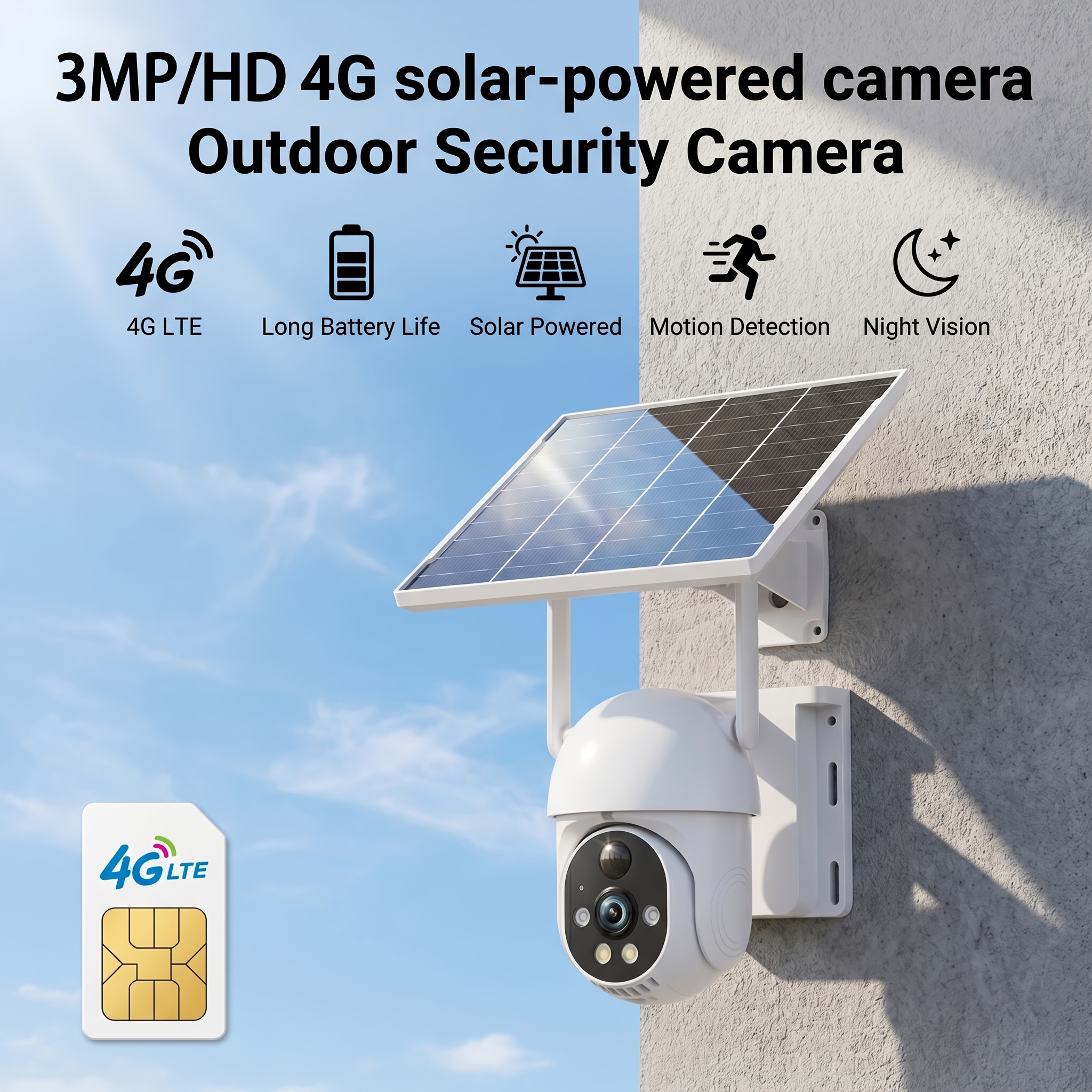 TEMU Caméra de sécurité solaire PTZ 360° XIAOVV, 3MP fil 4G LTE pour extérieur et maison, avec détection de mouvement par IA, vision en couleur,