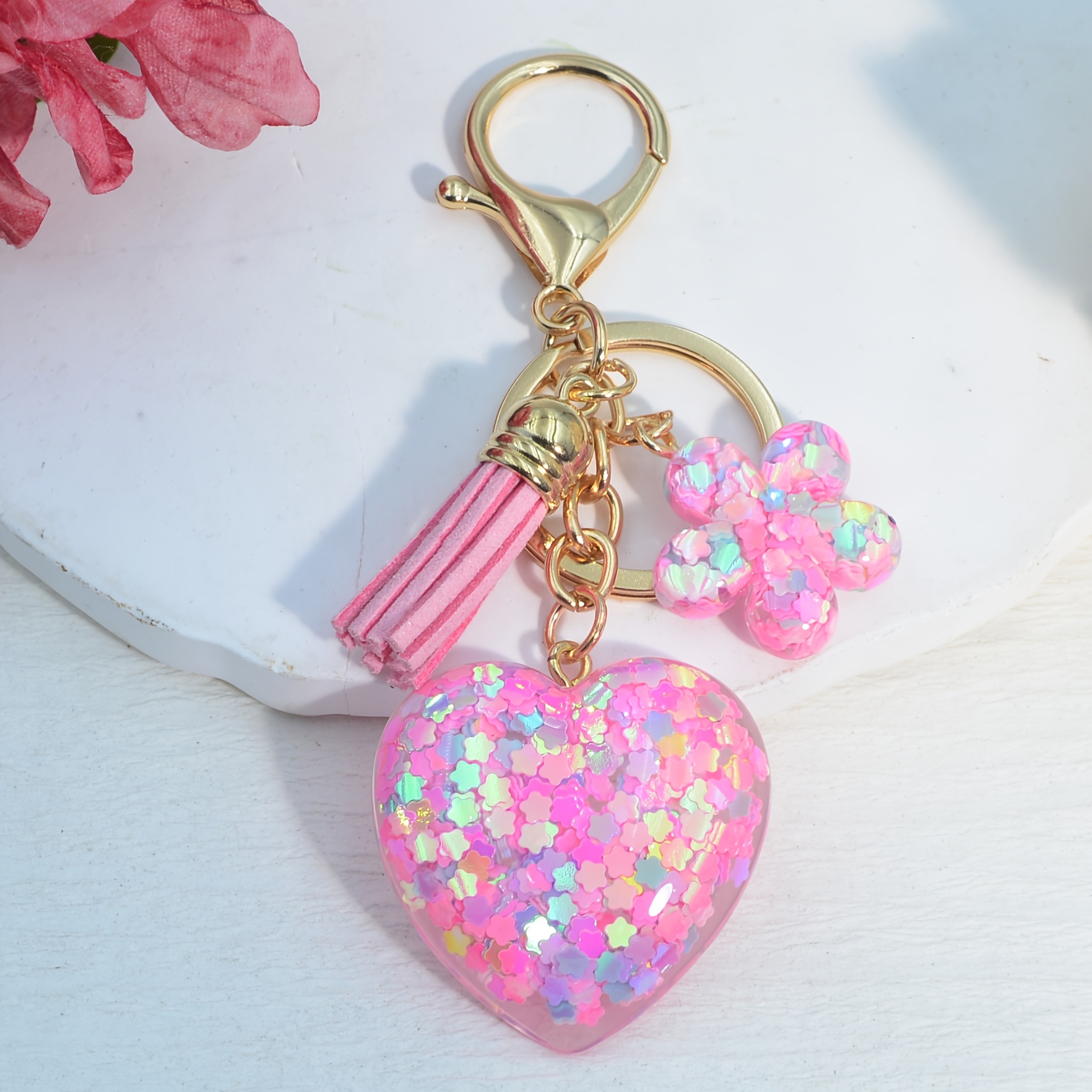 TEMU Llavero simple de con rosa, borla y dije de flor, regalo de de moda y , regalo para , llavero de