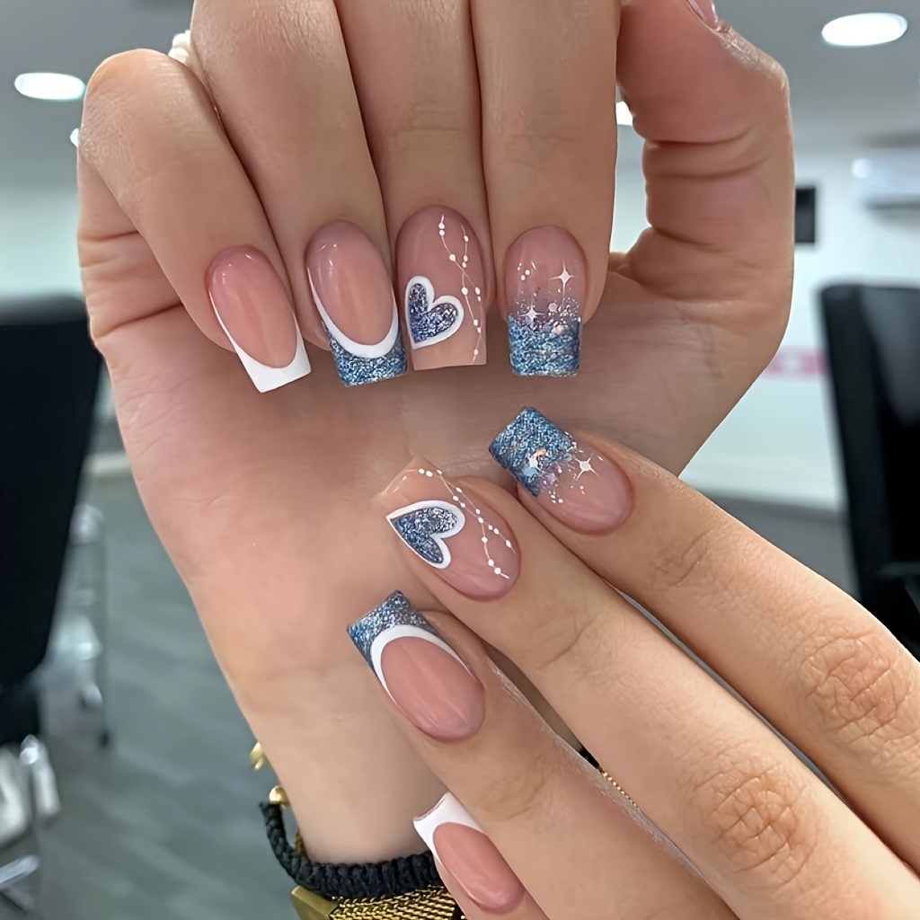 Upgrade Your Look With 24pcs Of Medium-short Trapezoidal Wearable Nails, European And American Design, Blue Heart Glitter False Nails, Mixed Color Detachable Nails With Jelly Glue 1 Nail File 1