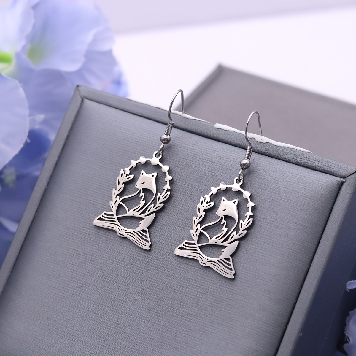 Stainless Steel Hollow Wreath Fox on Book Dangle Earrings